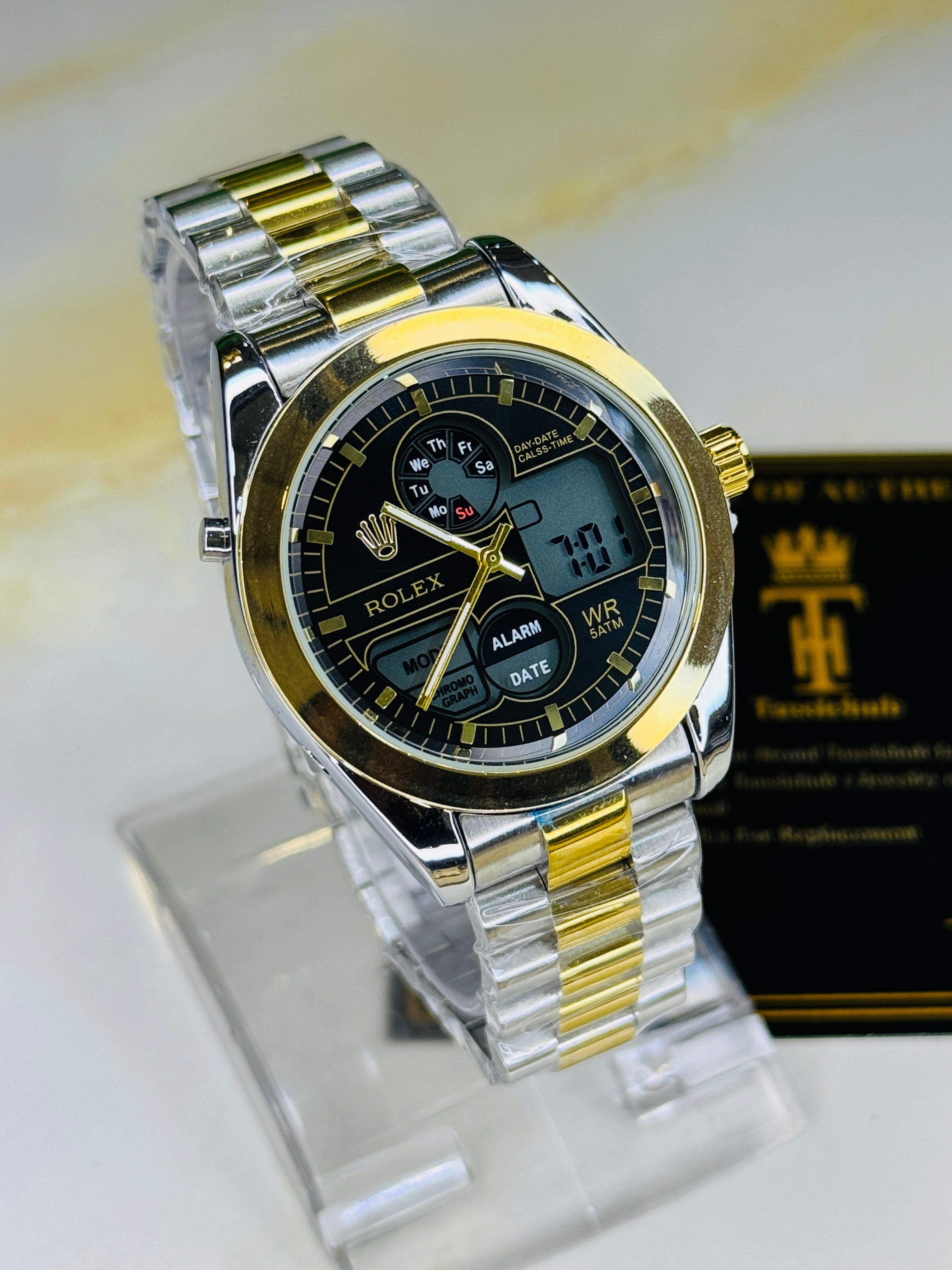 Premium Dual Time Two Tone Black Dial Watch