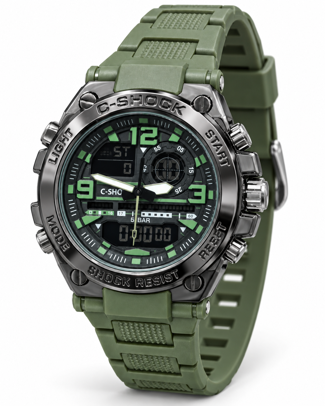 Army Green Strap Digital Metal Body Sports Watch