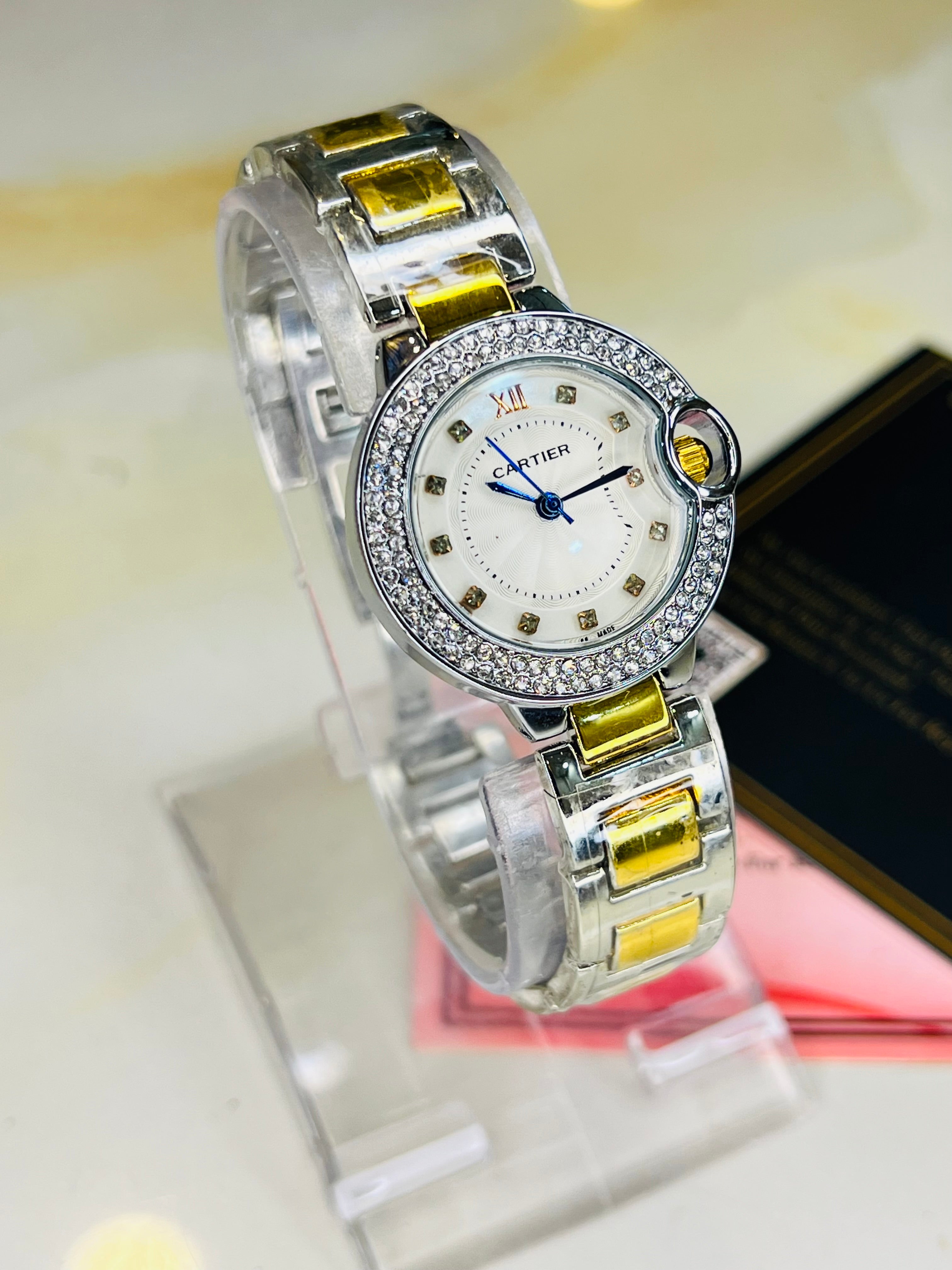 Cartier Silver Gold White iced Dial Watch For Her