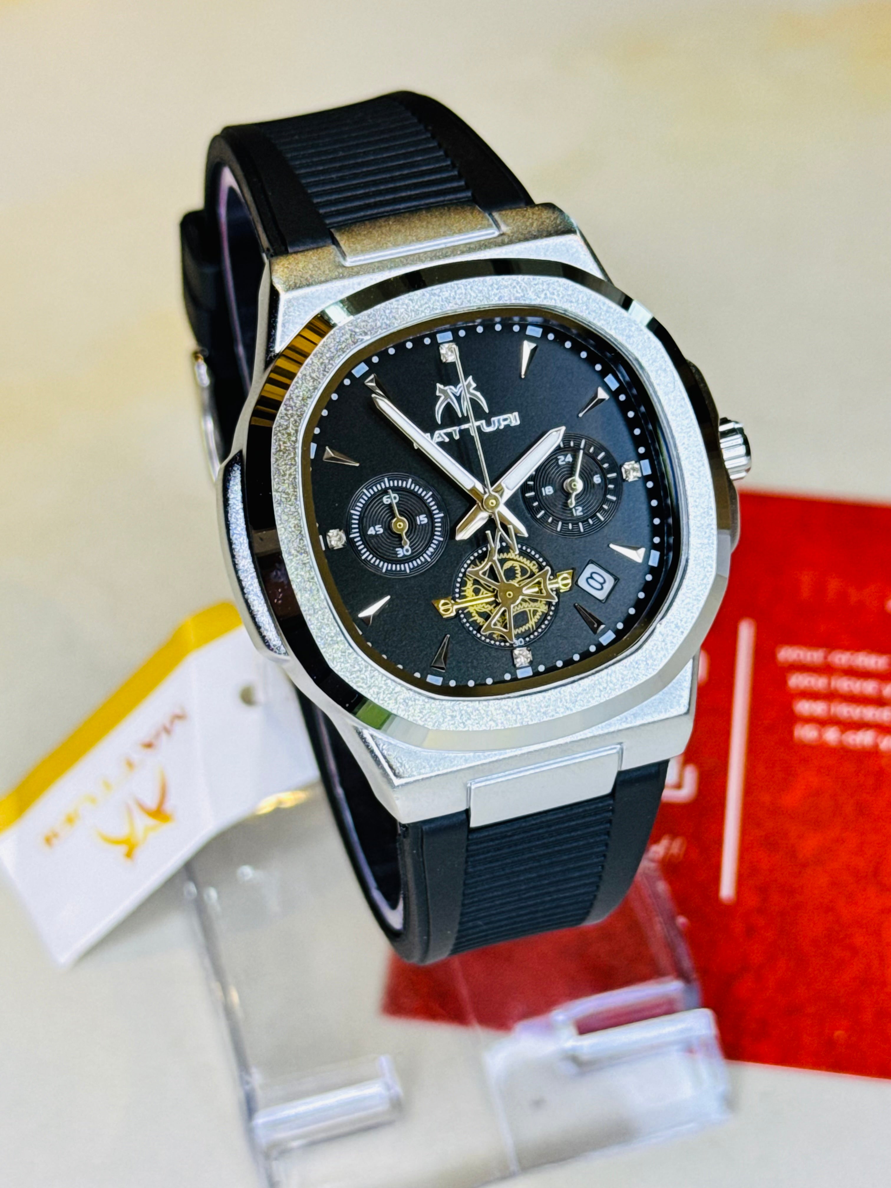 Matturi Black Silver Silicone Chronograph Watch