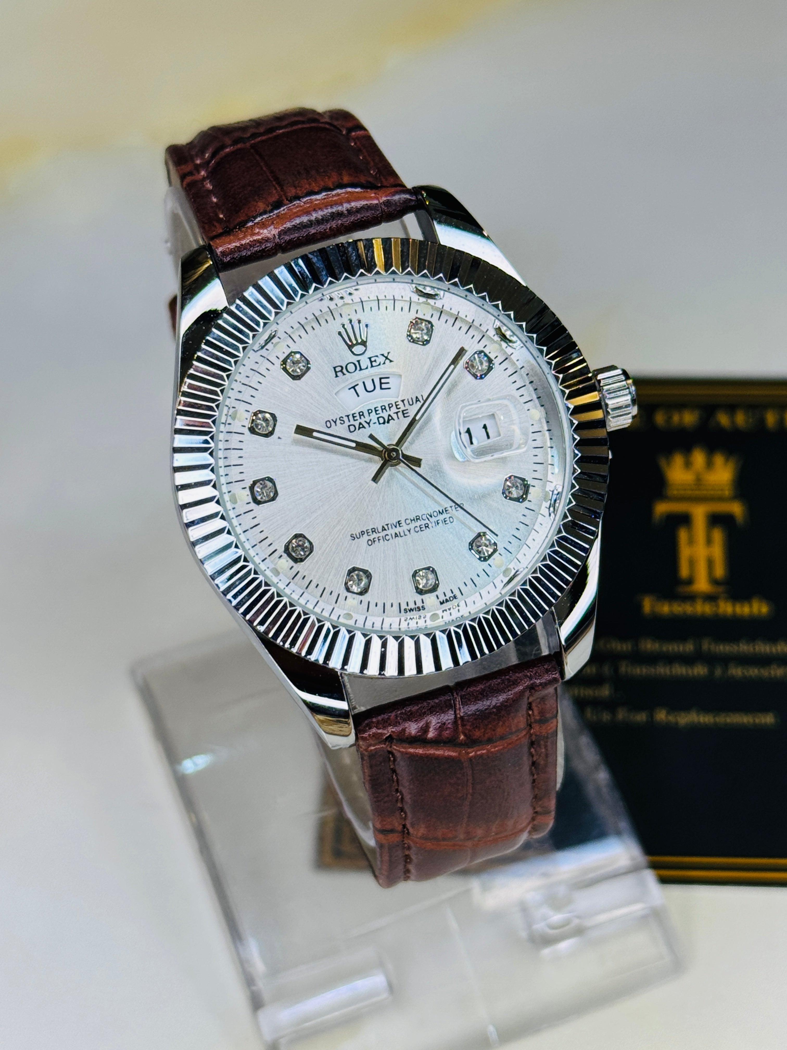 Brown Silver White Day Date Leather Rolex Watch