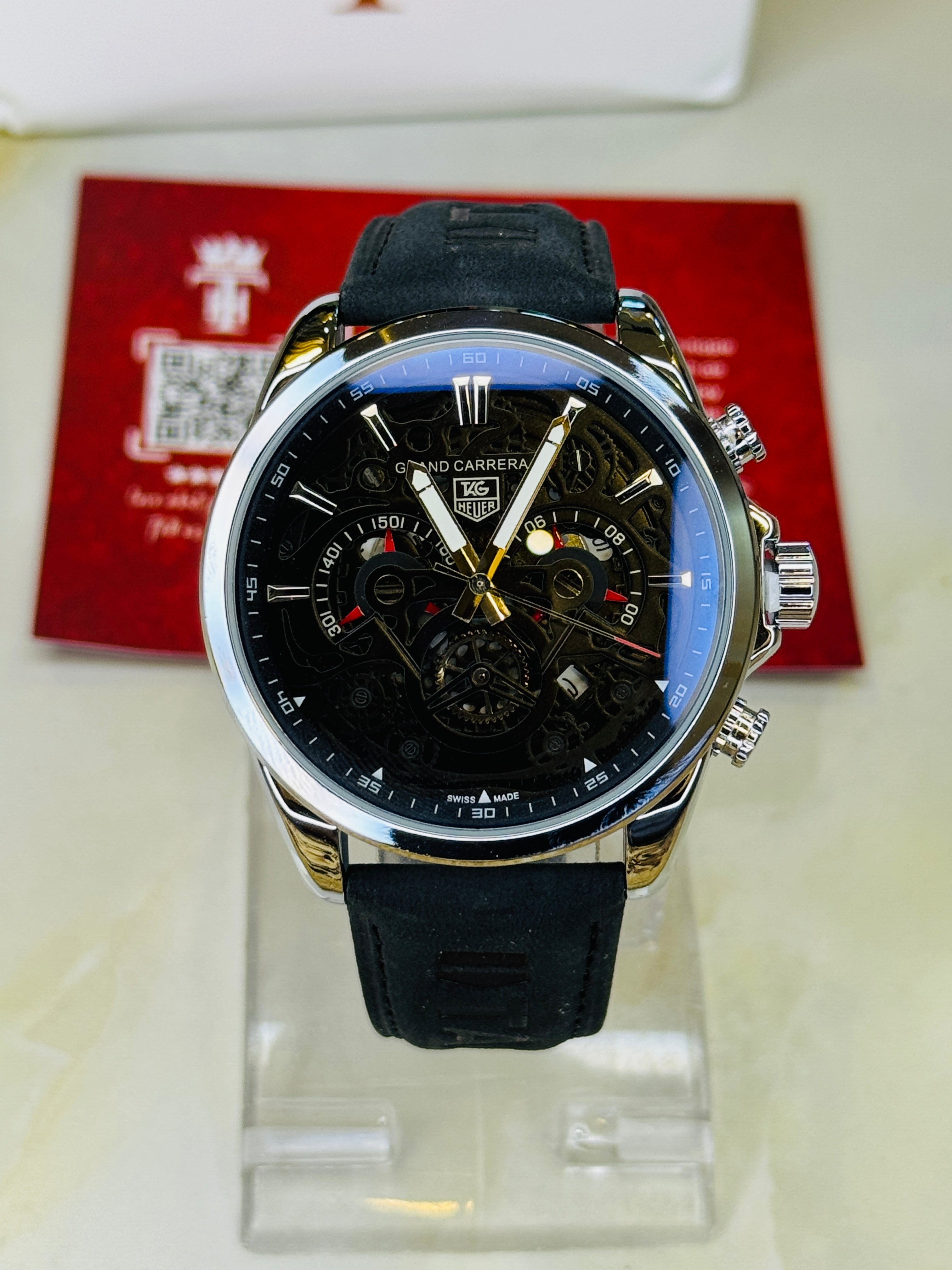 Silver Black Grand Carrera Chronographs Leather Watch