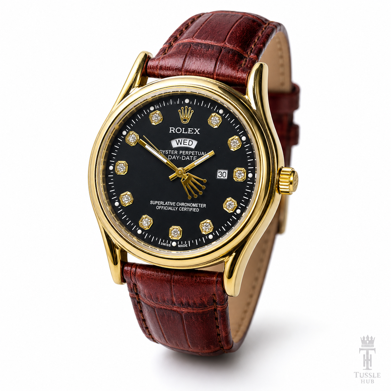 Brown Gold Black Round Leather Rolex Watch