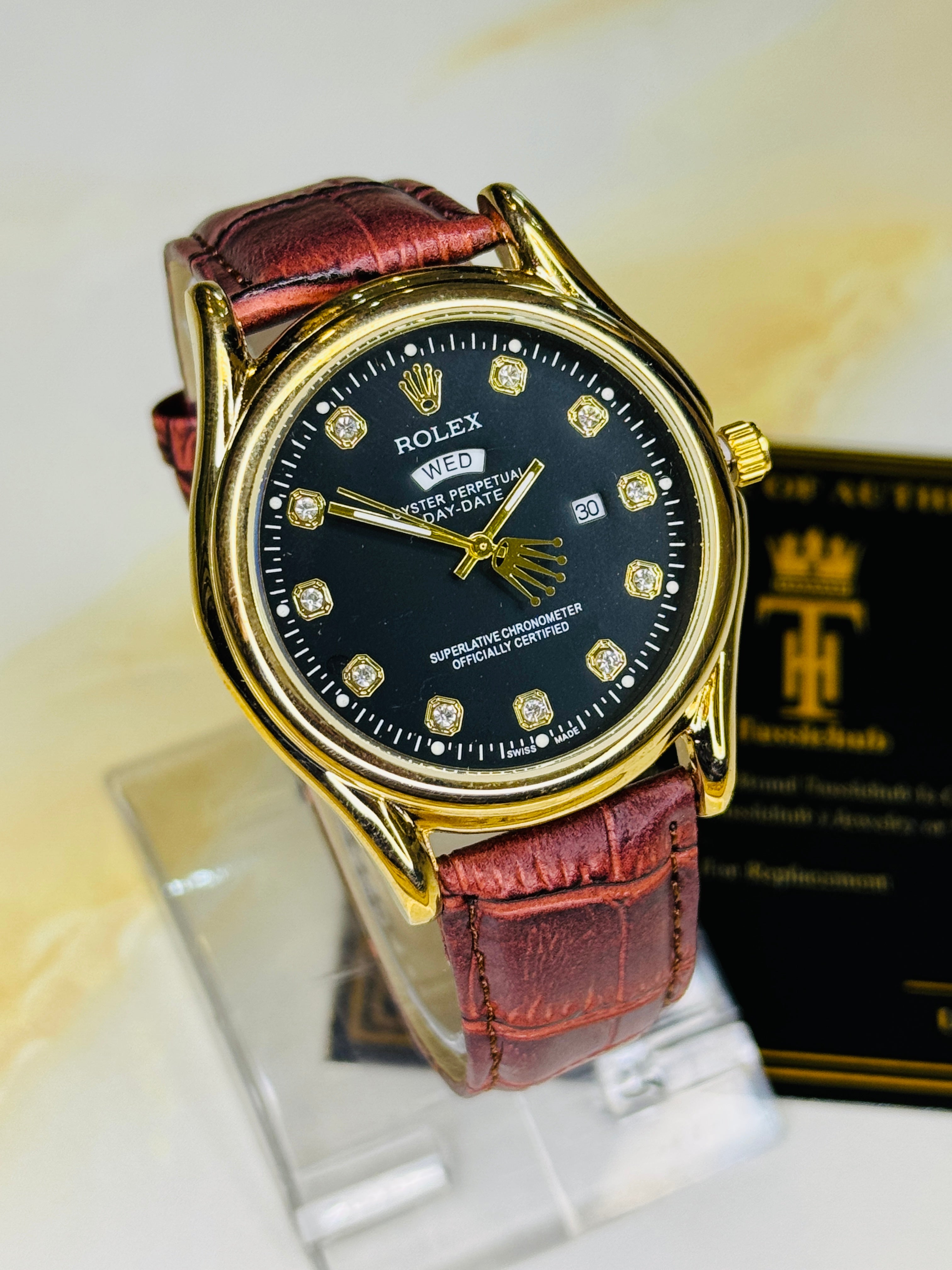 Brown Gold Black Round Leather Rolex Watch