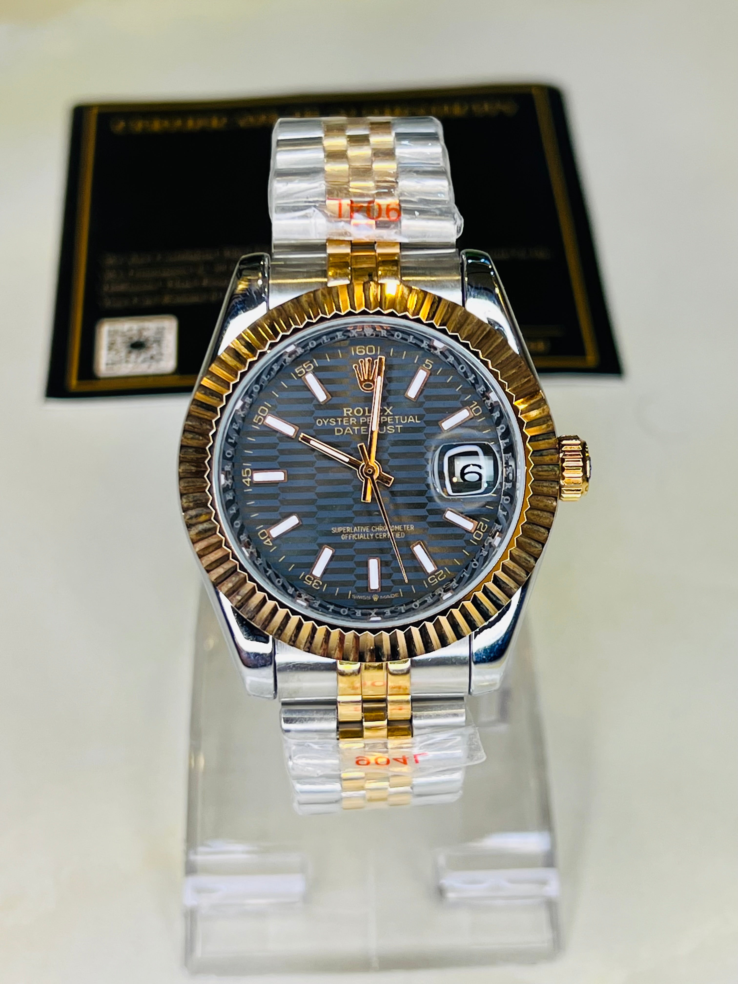 Jubilee Date Just Silver Rose Fluted Bezel Black Dial Automatic Watch