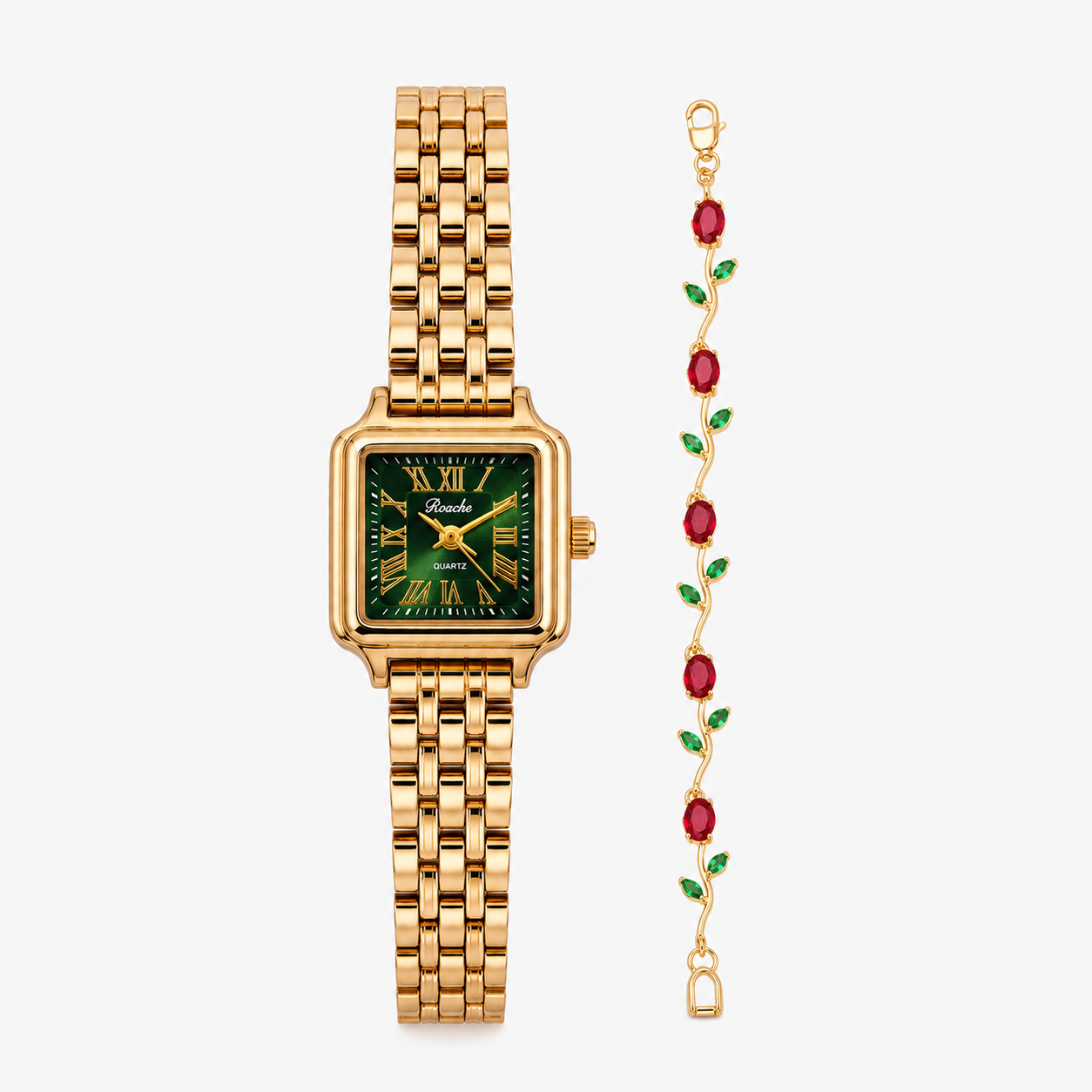 Gold Emerald Roman Tulip Watch For Her