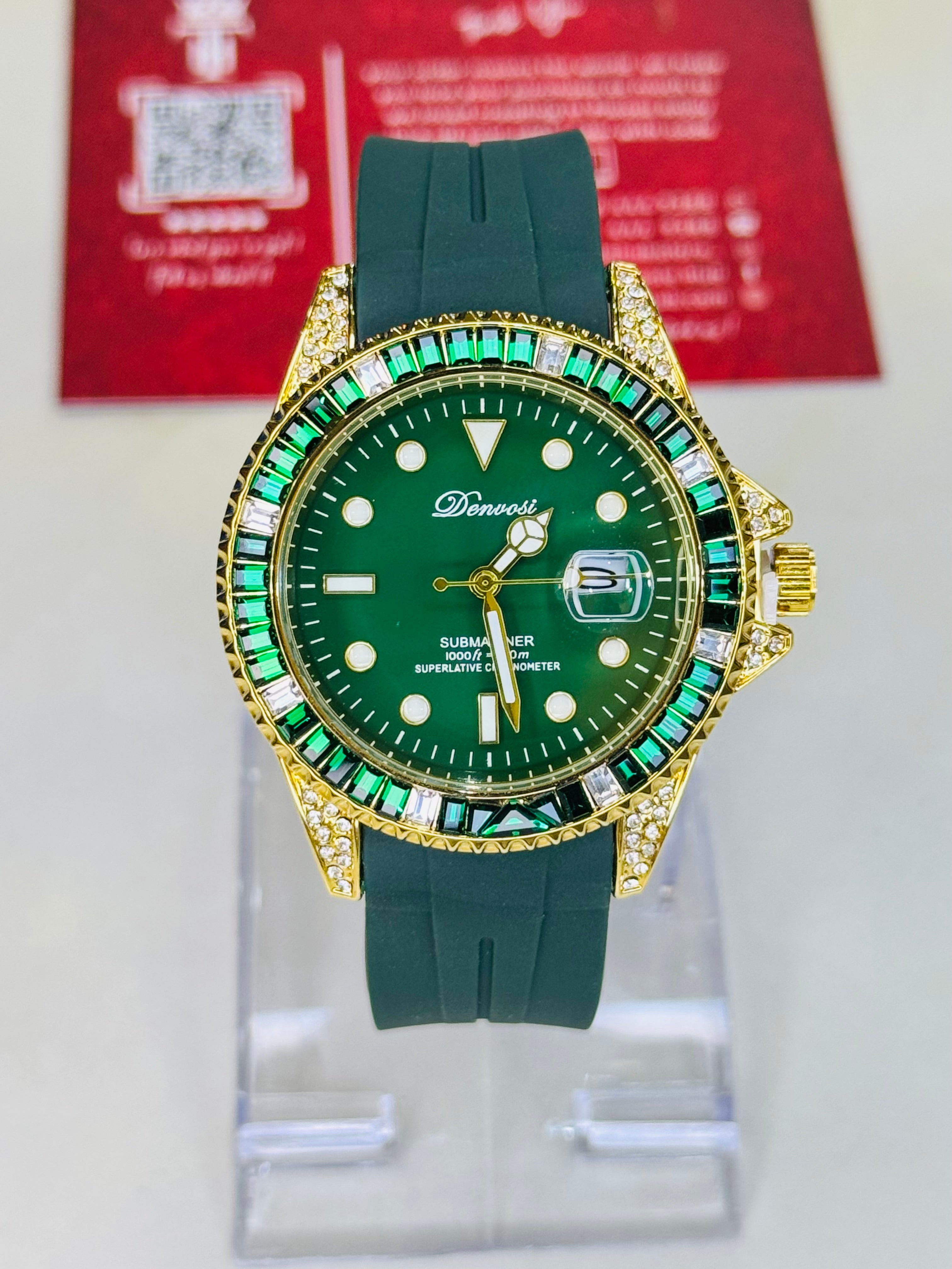 Gold Emerald Gem Stones Bezel Watch