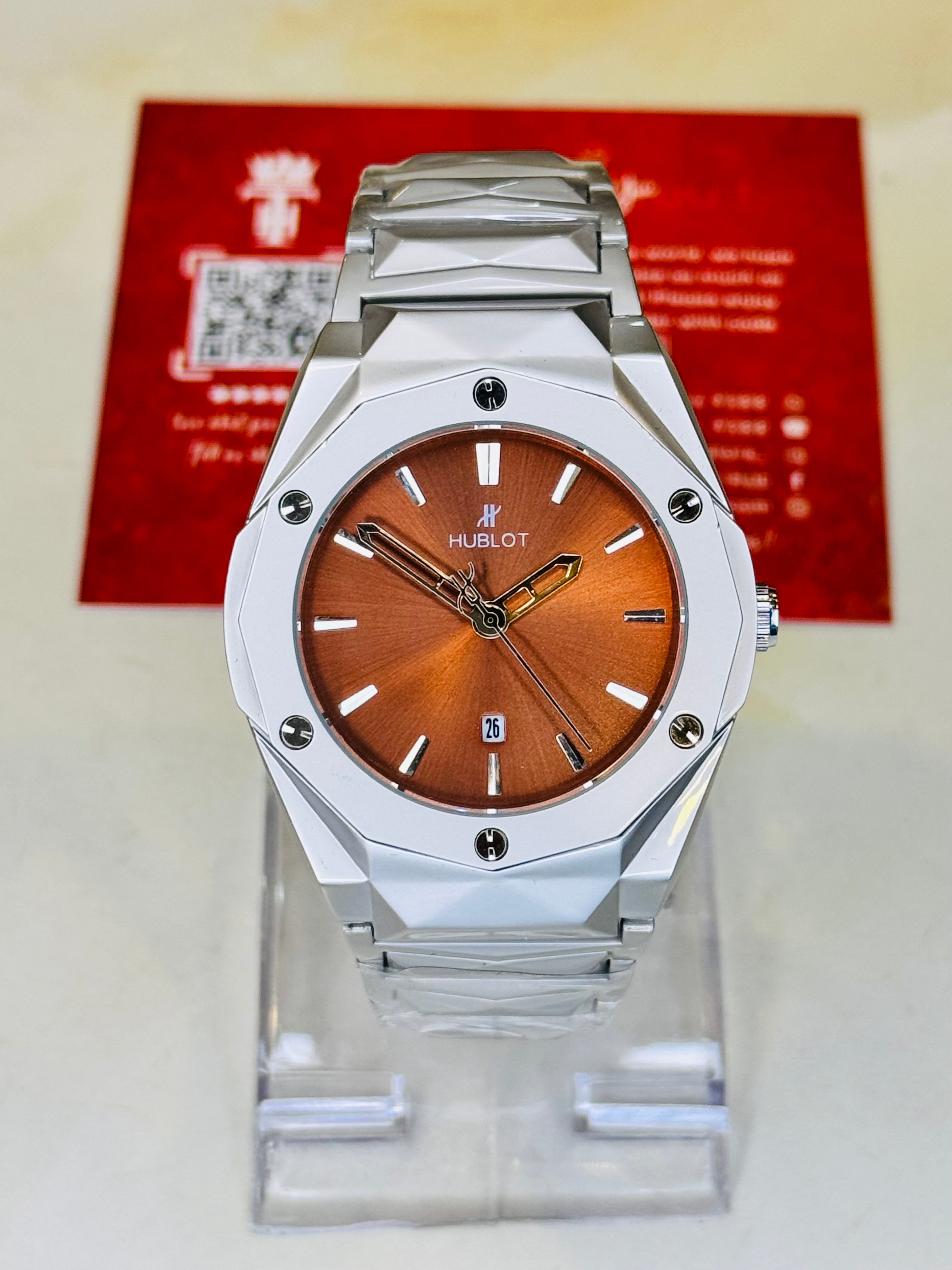 Silver Prism Chain Strapped Brown Hublot Watch