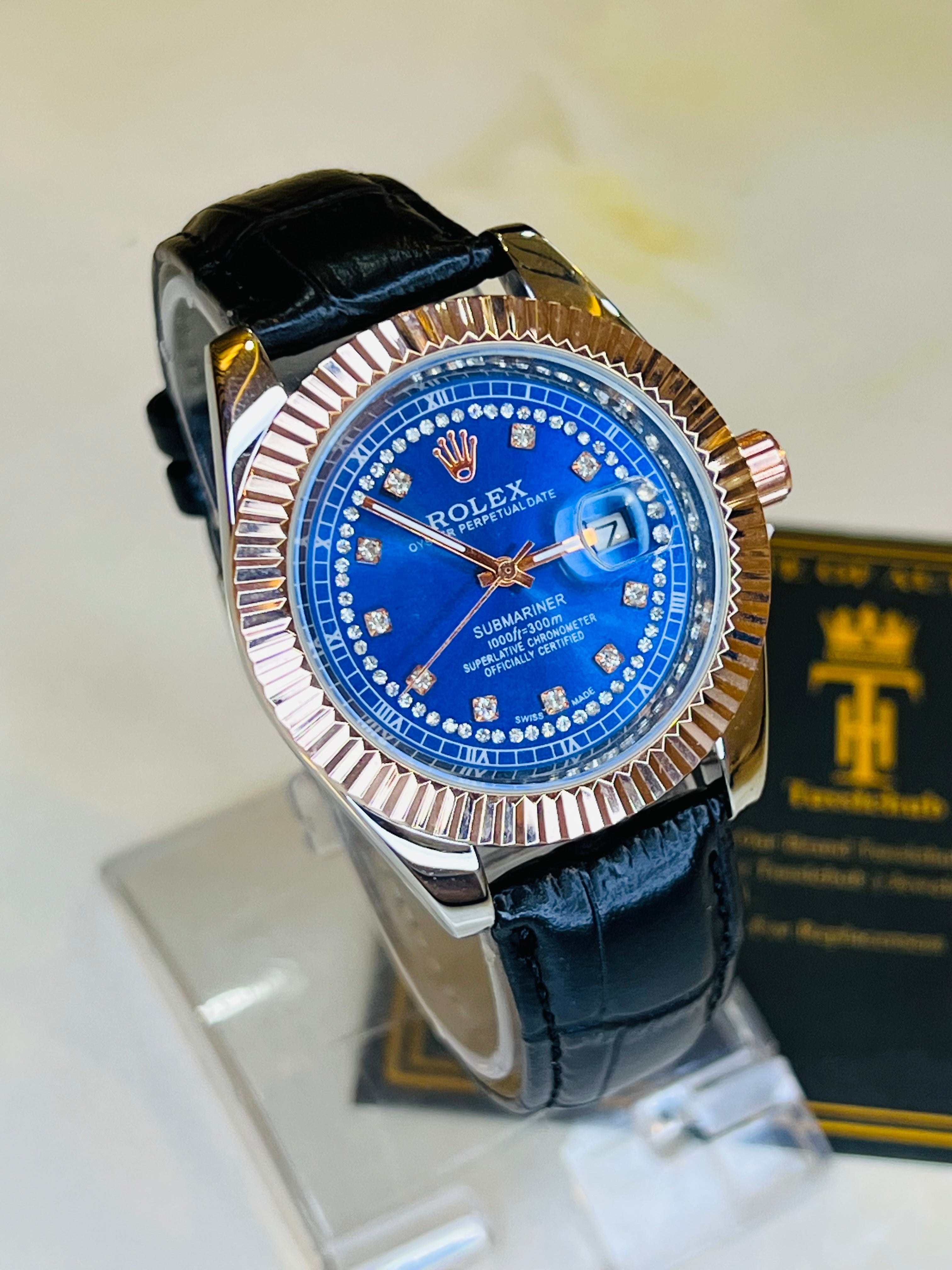 Black Rose Gold Sapphire Leather Rolex Watch