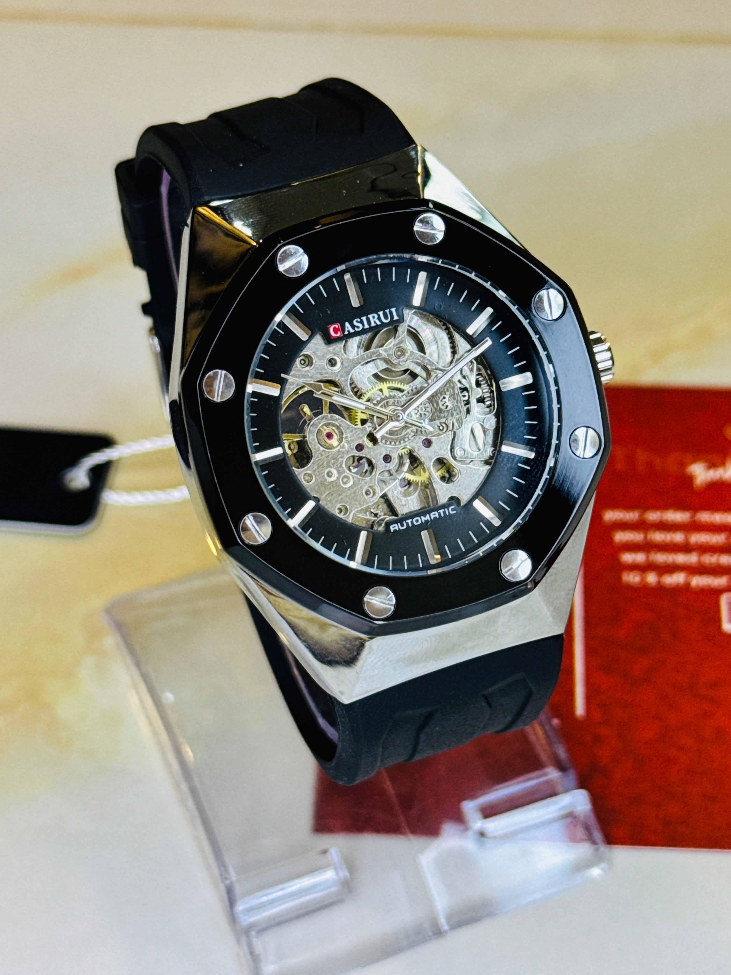 Black Silver Casirui Skeleton Automatic Silicone Strap Watch