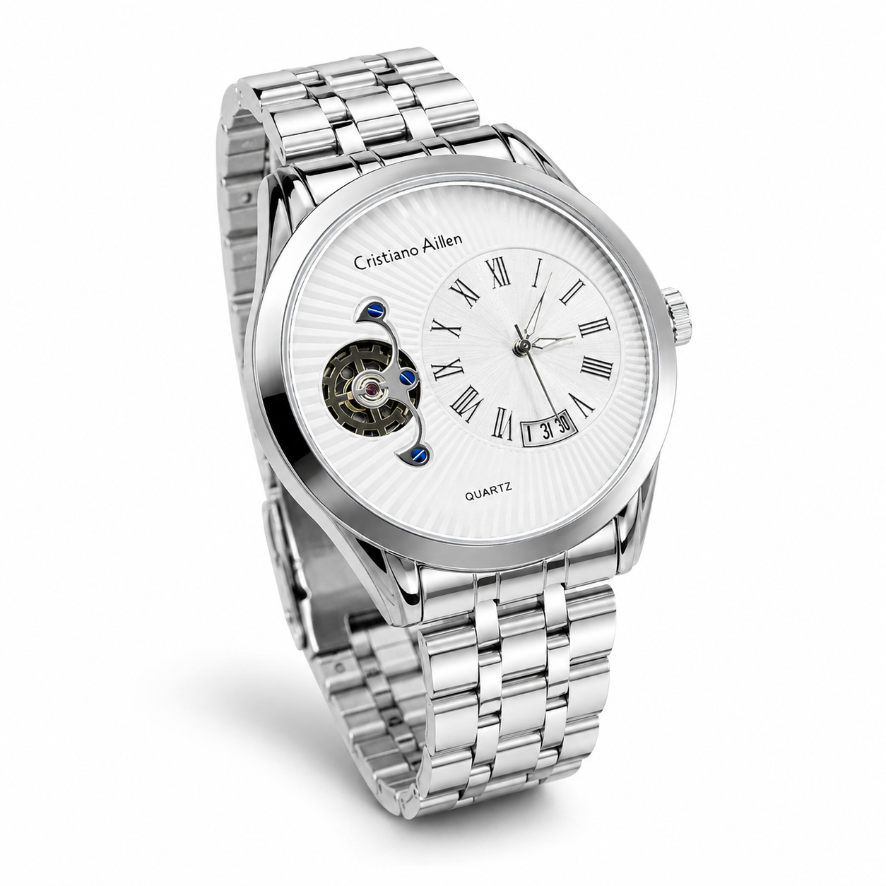 Silver Cristiano Aillen White Spiral Gear Dial Watch