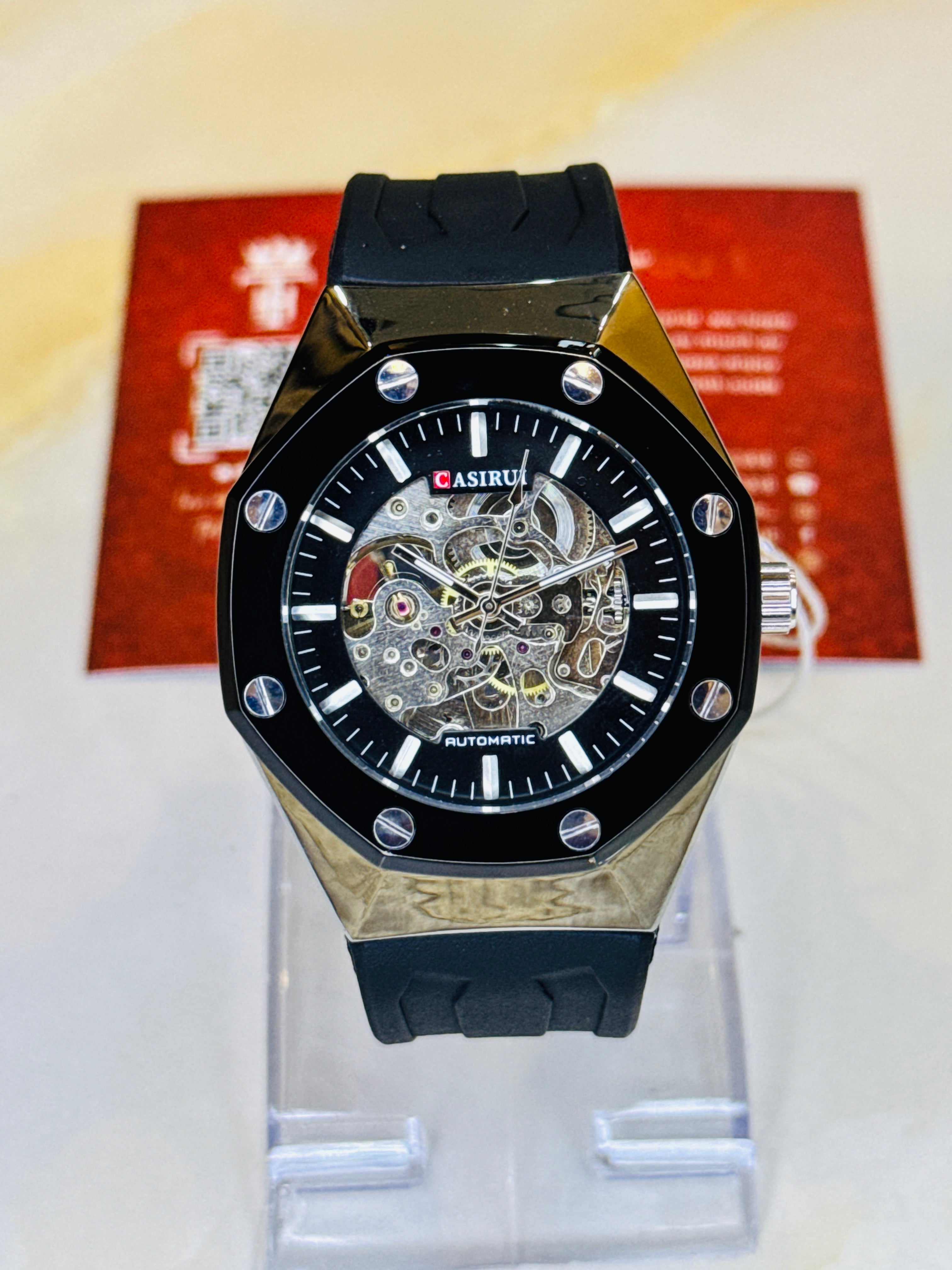 Black Silver Casirui Skeleton Automatic Silicone Strap Watch