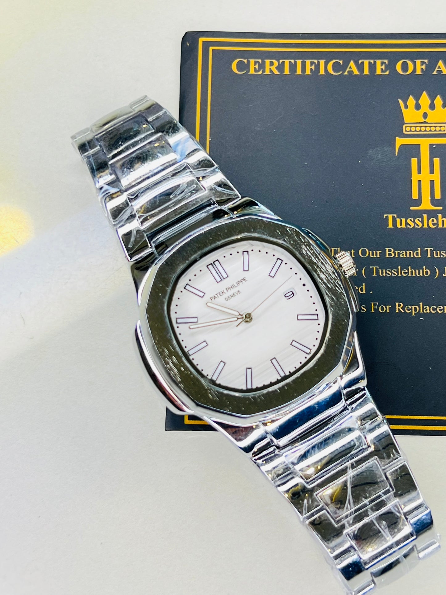 Silver Nautilus White Dial Watch