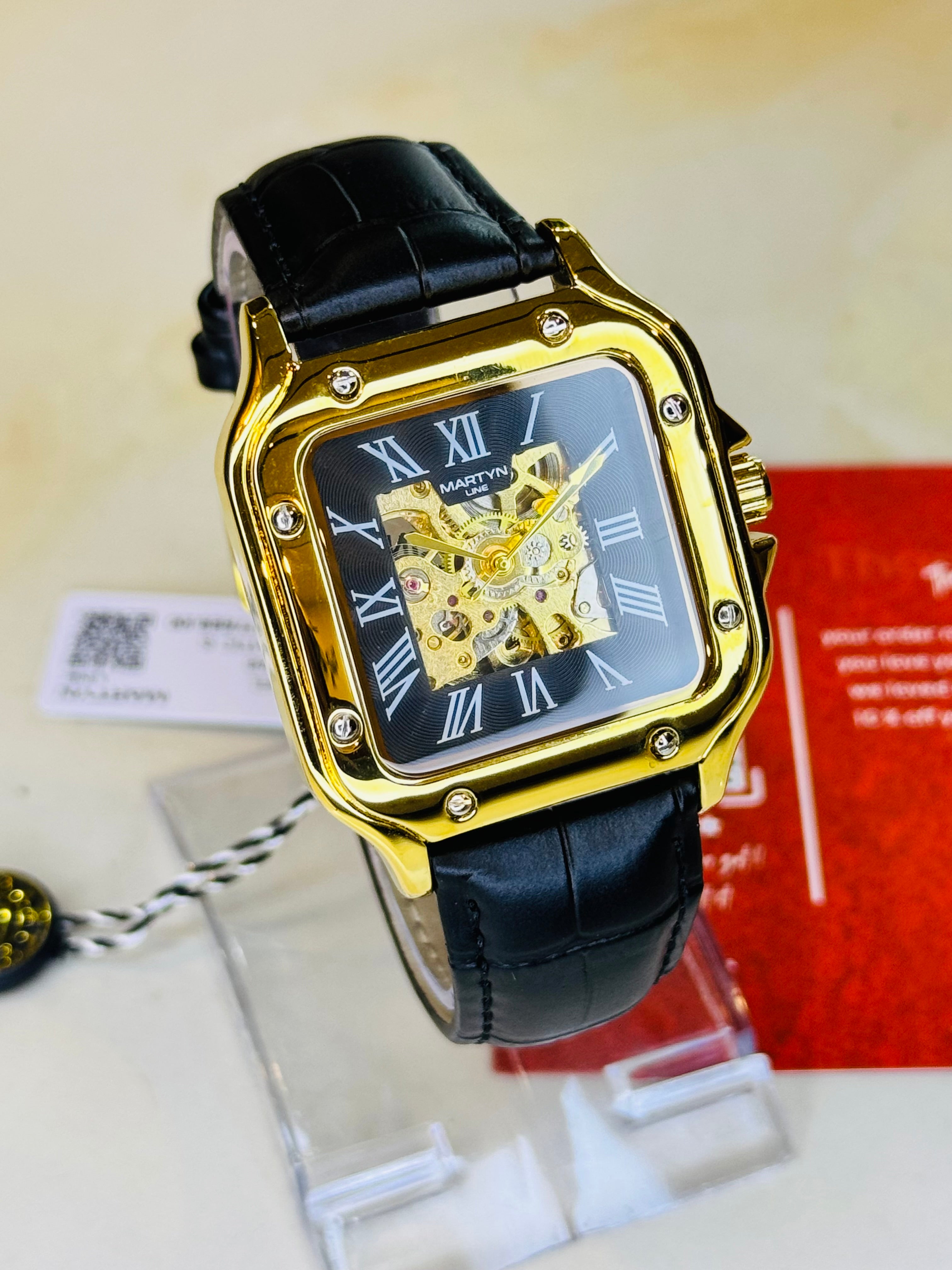 Black Gold Black Tank Automatic Skeleton Watch