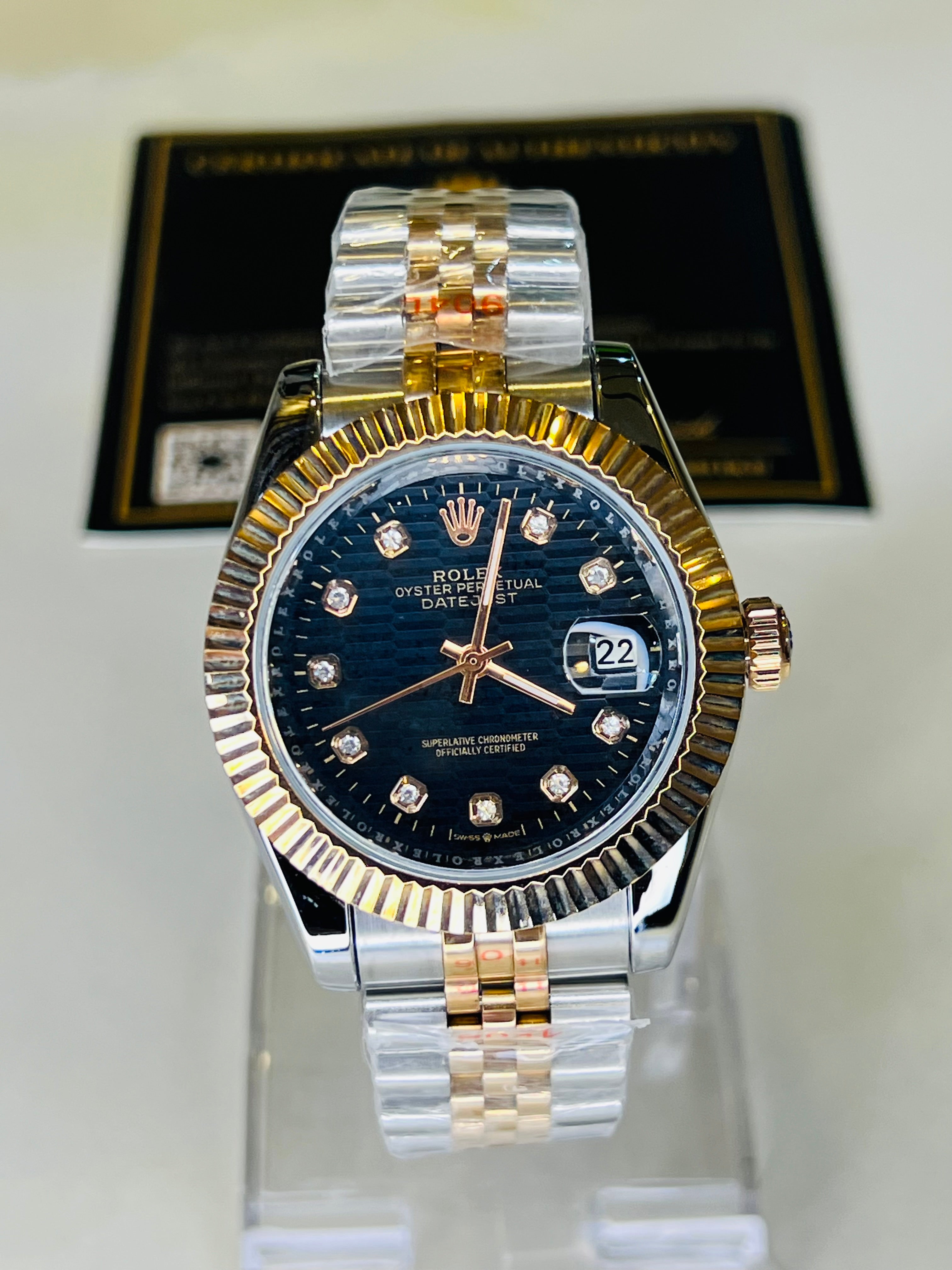 Jubilee Date Just Silver Rose Fluted Bezel Black Dial Automatic Watch