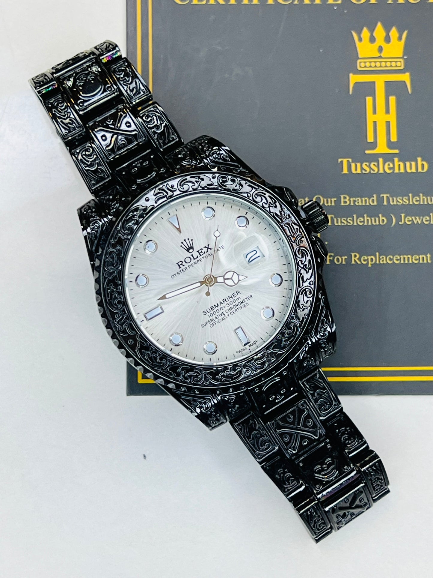 Black White Calligraphic Engraved Rolex