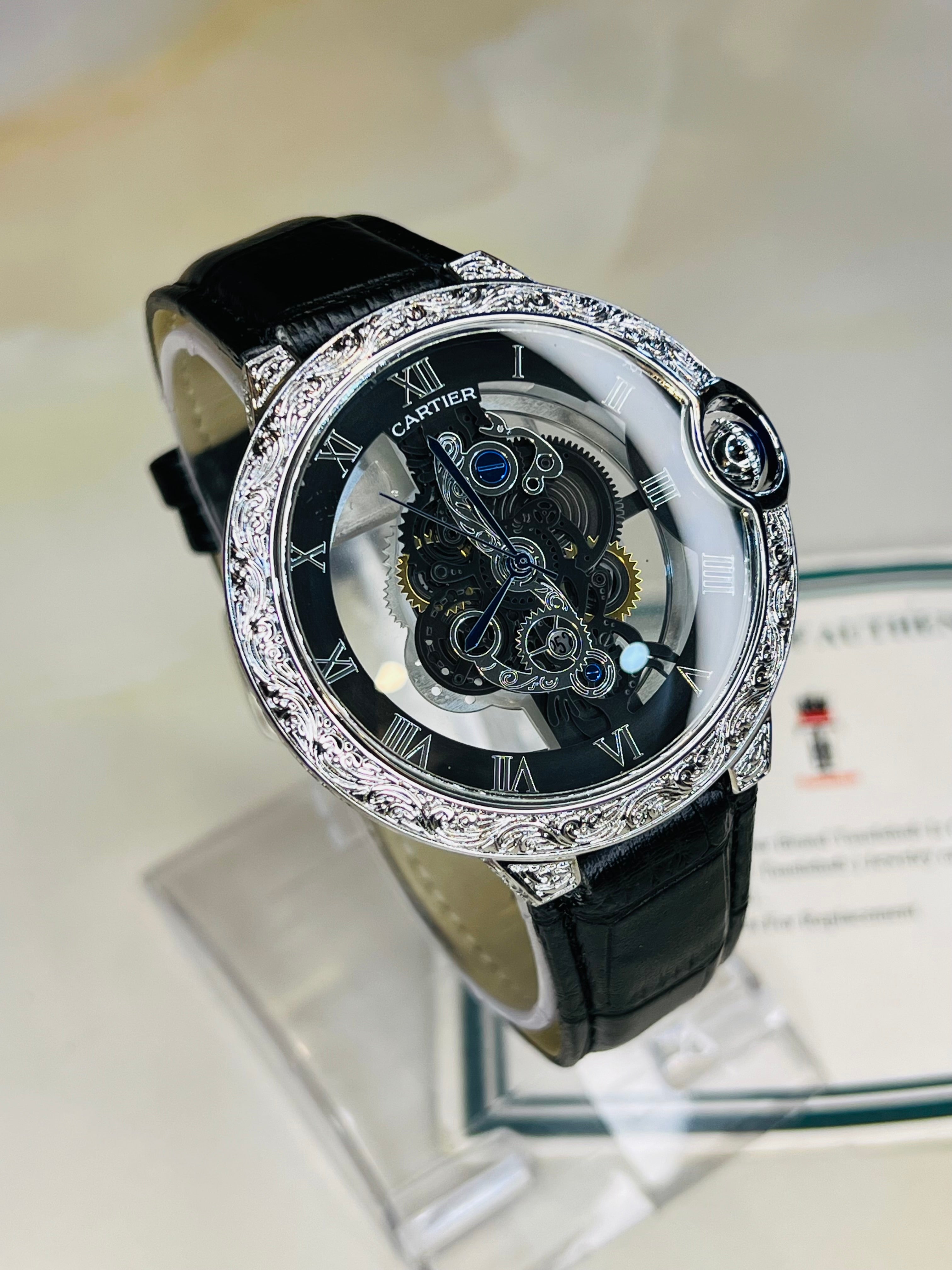 Black Silver Engraved Skeleton Dial Watch