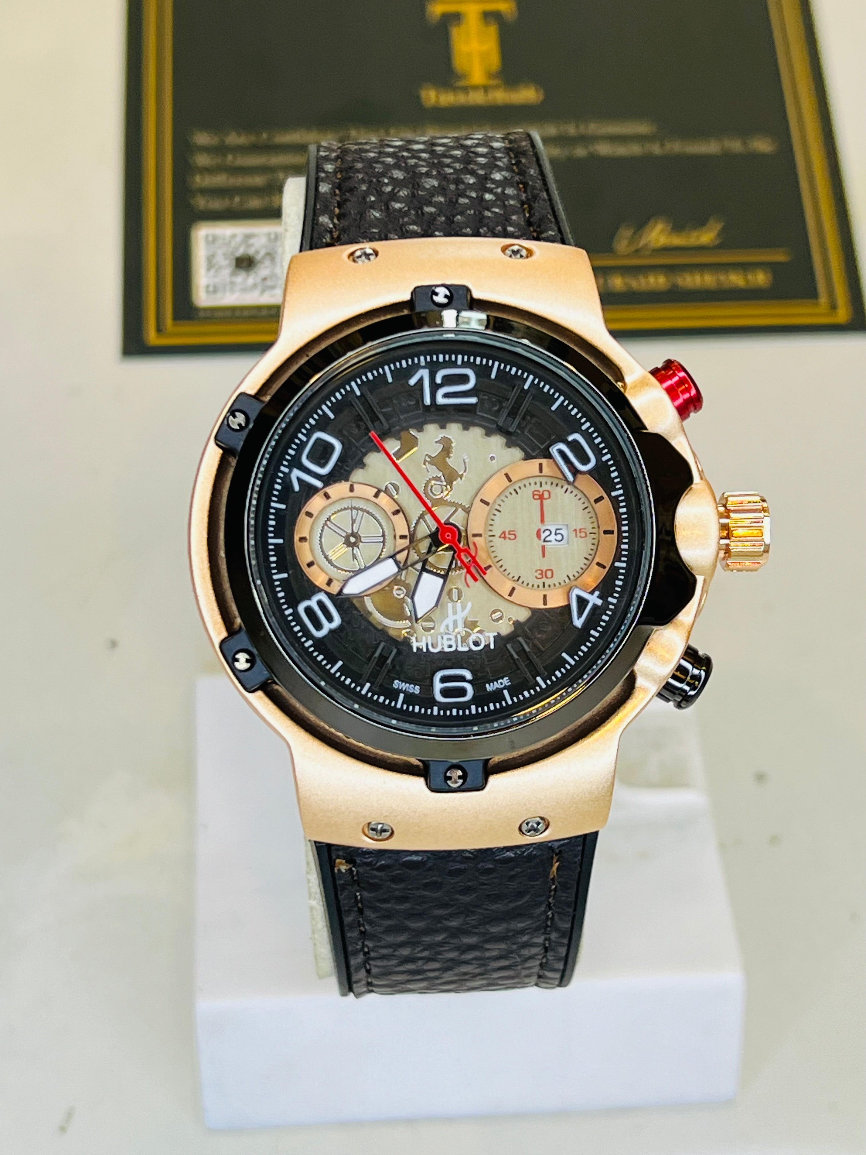 Leather Round Gold Black HB Watch