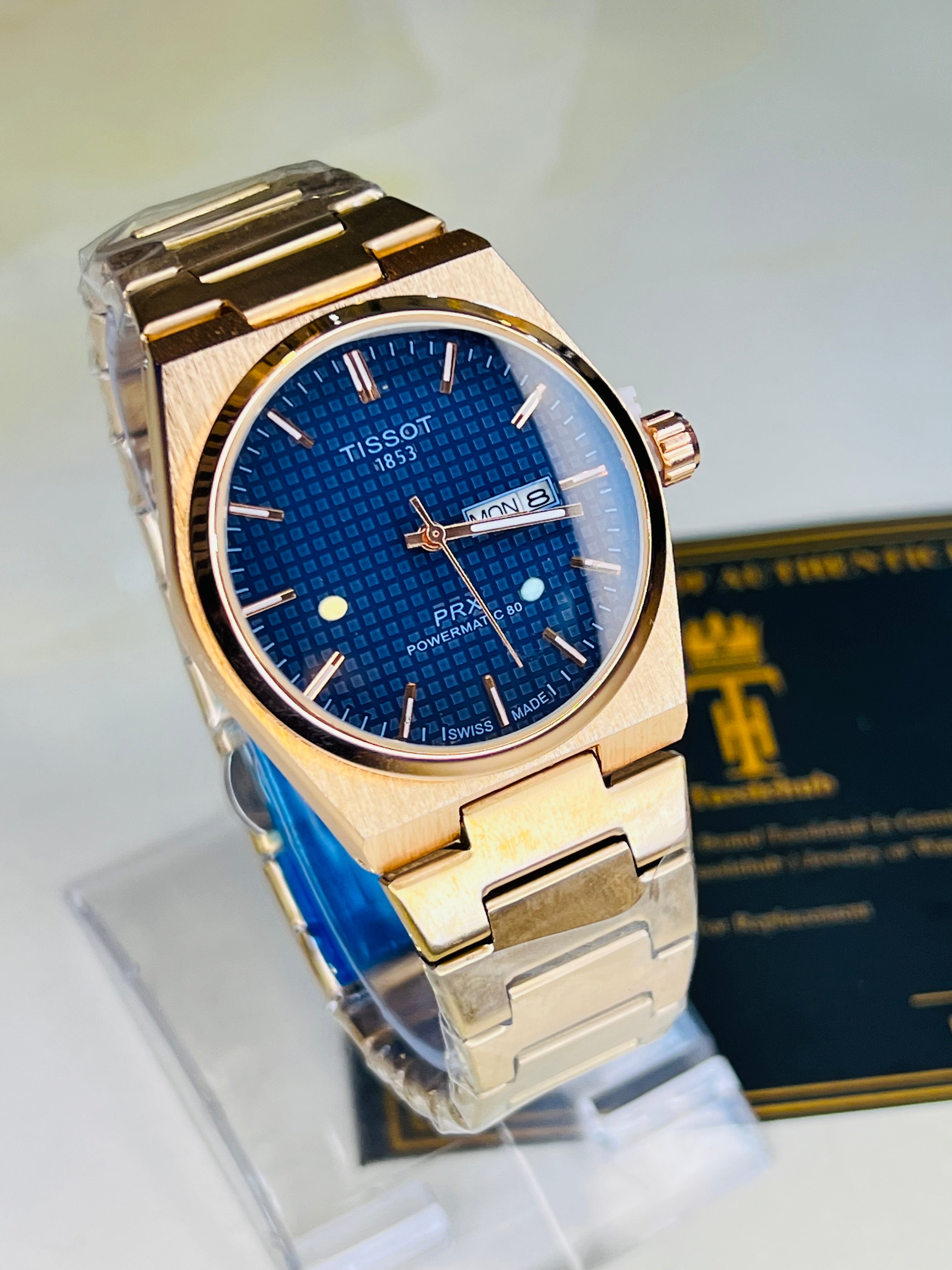 Tissot PRX Rose Gold With Deep Blue Textured Dial Watch