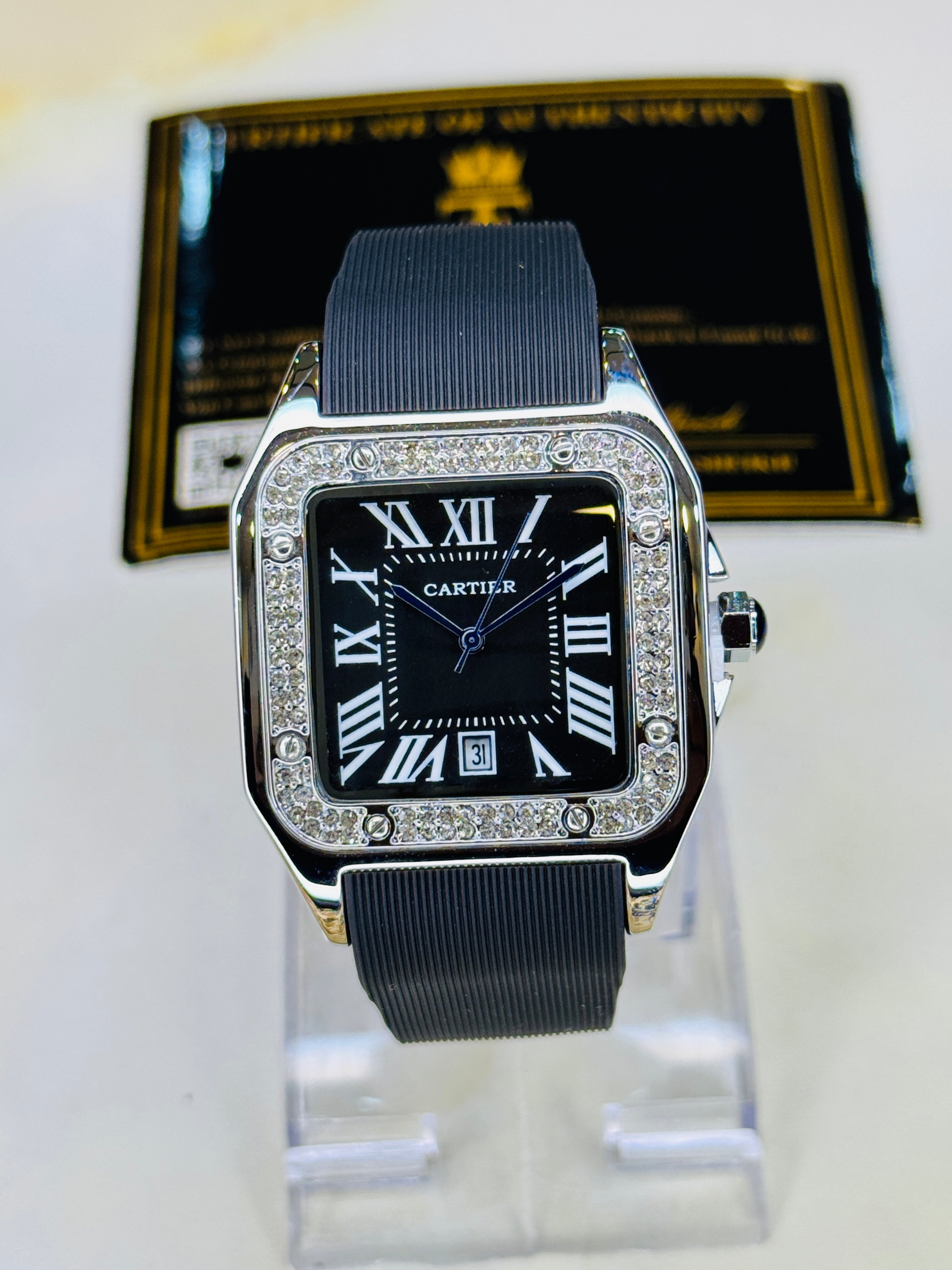 Silver Black Iced Tank Silicon Cartier Watch