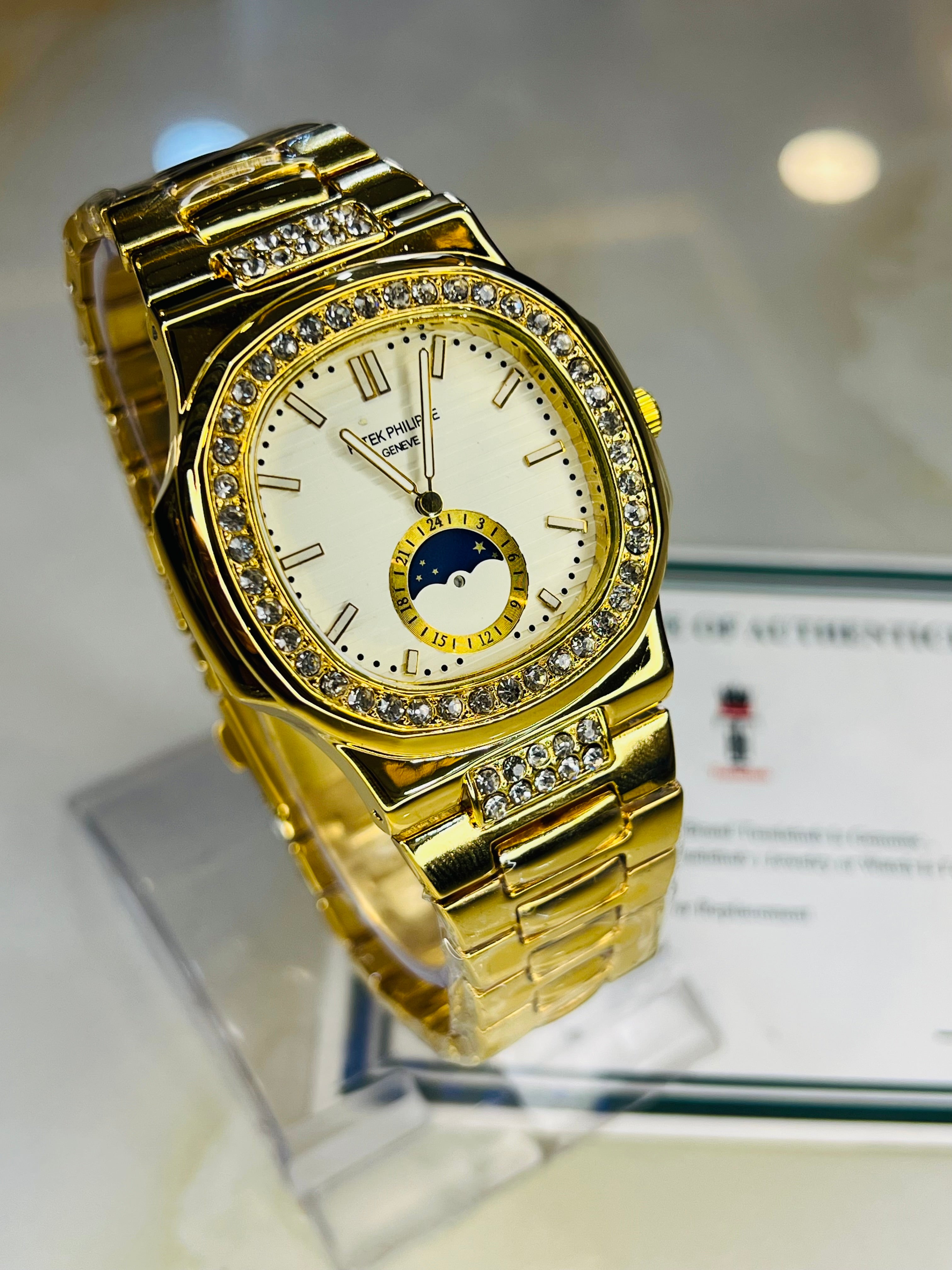 Gold White Chain Strapped Down Second Zircon Dial Watch