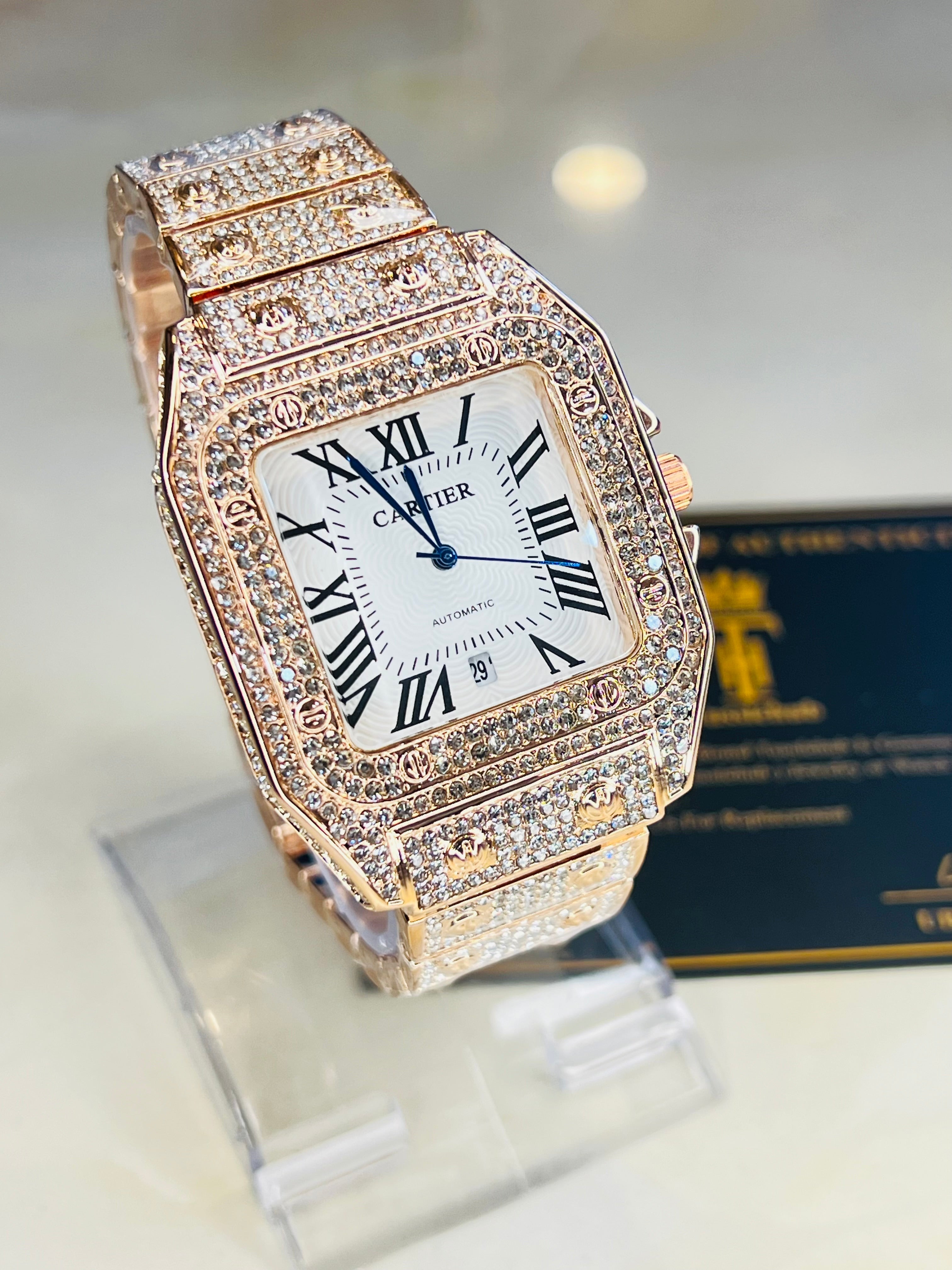 Square Iced Out Branded Rose gold White Dial Watch