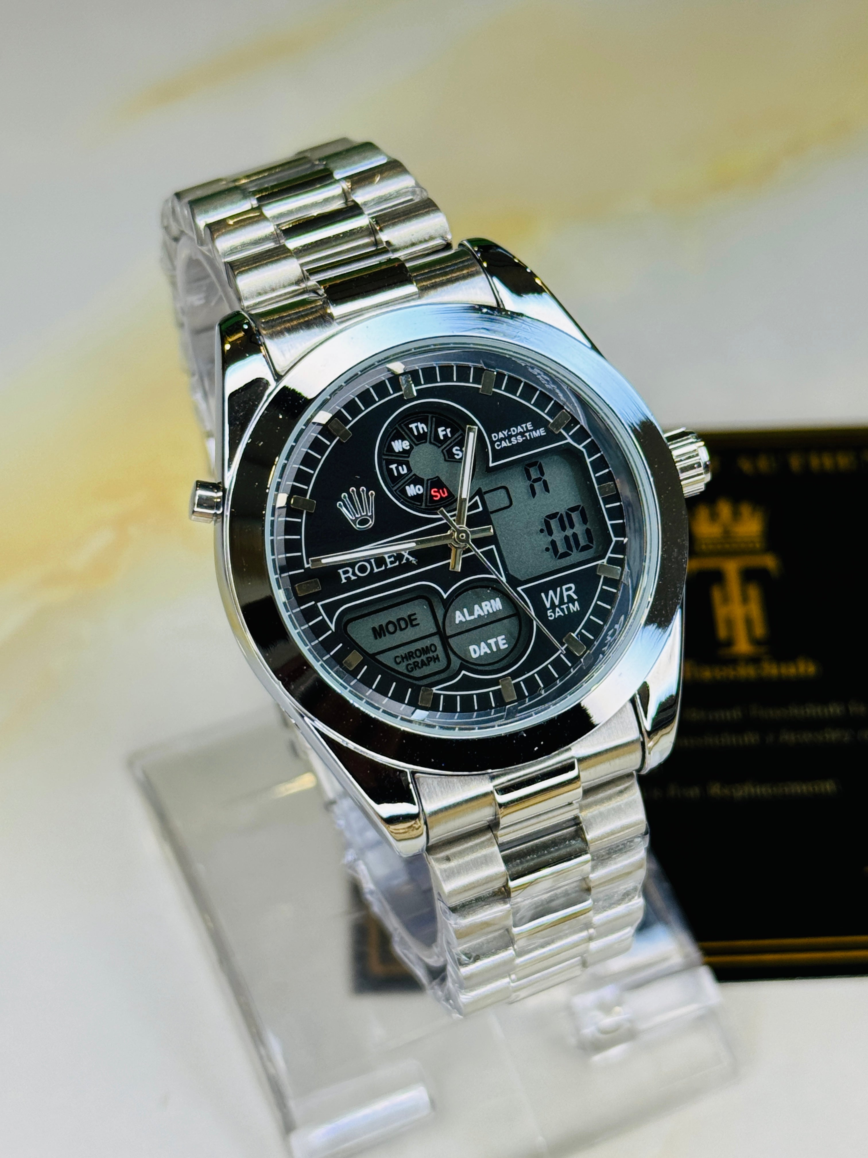 Premium Dual Time Silver Black Dial Watch
