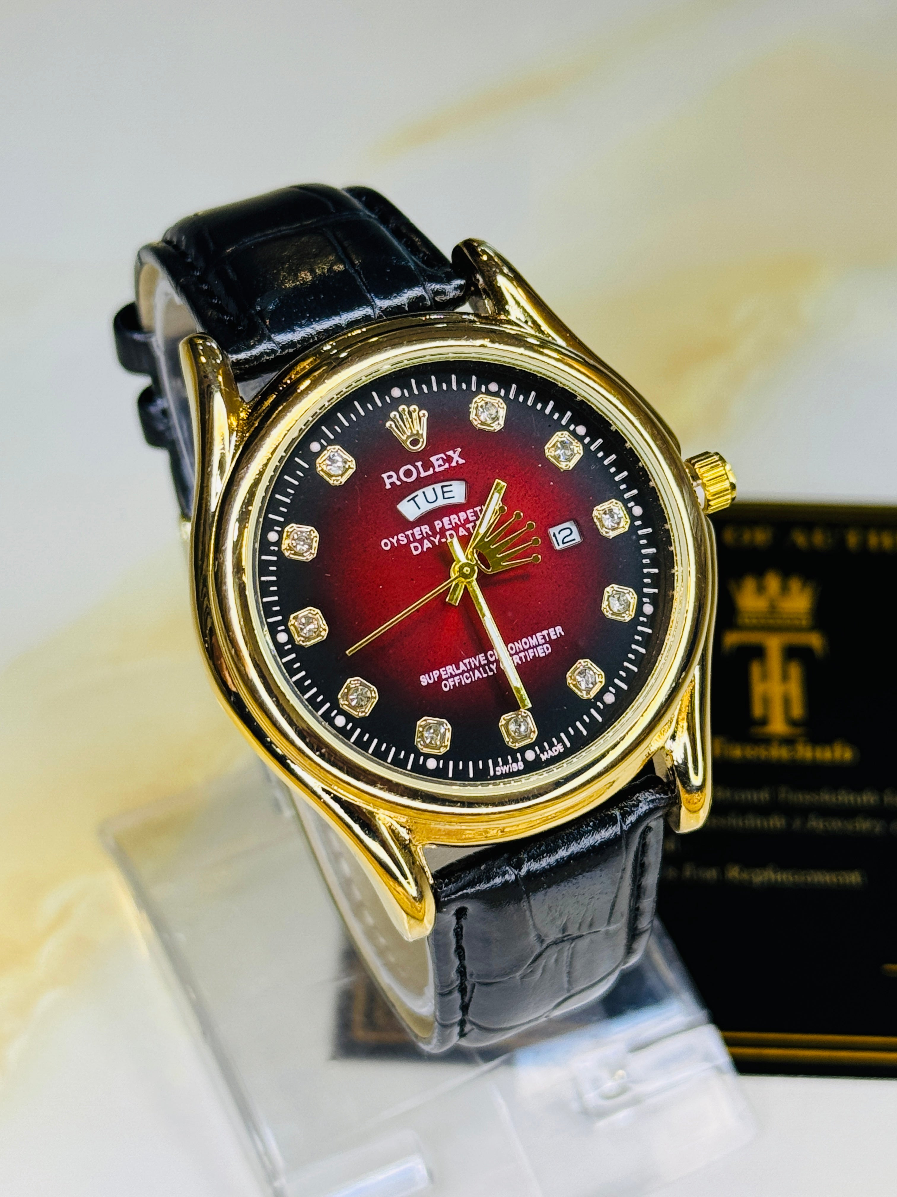 Black Gold Red Round Leather Rolex Watch