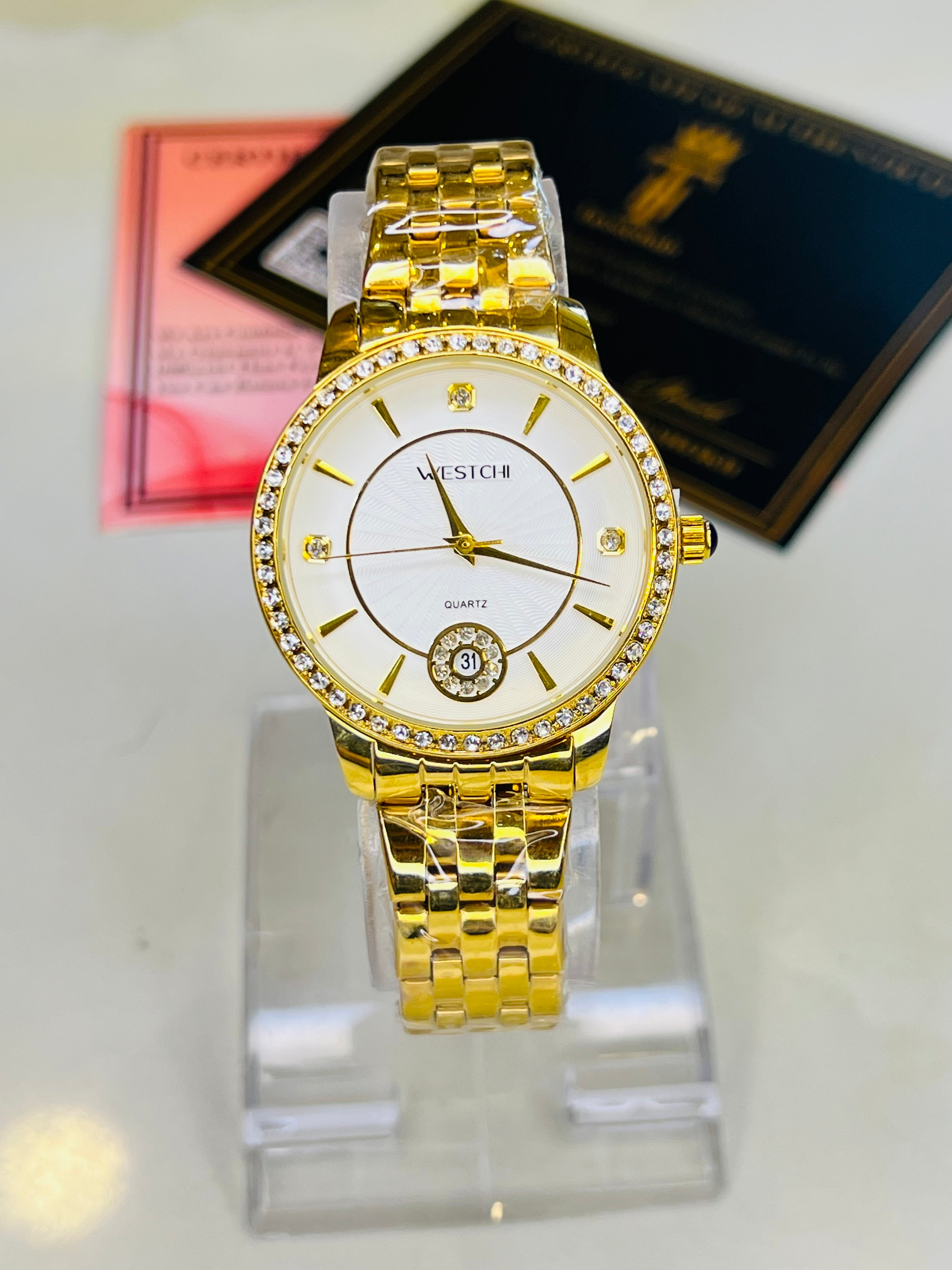 Gold Westchi White Iced Date Dial Watch For Her