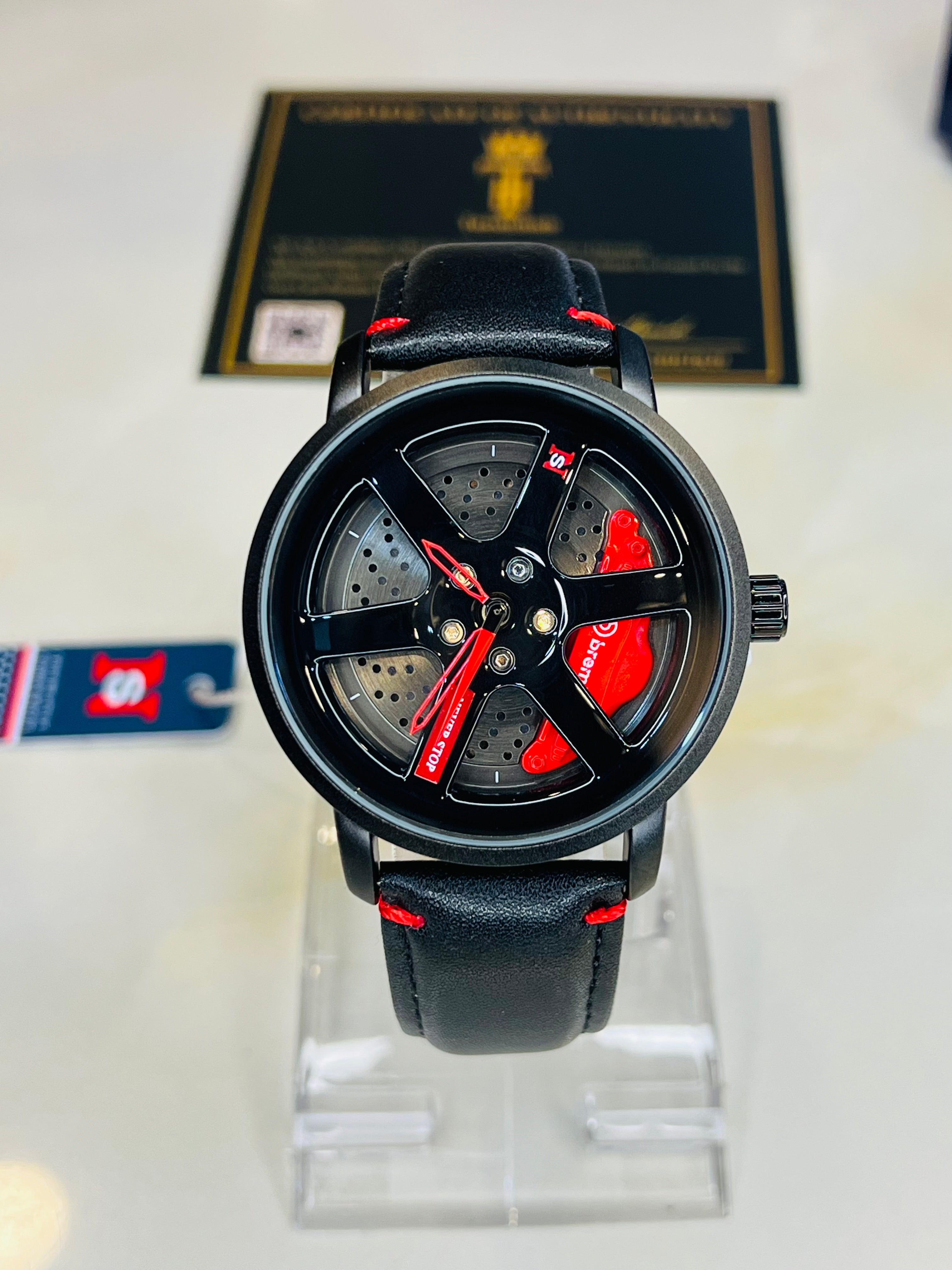Black Red Leather Strapped Spinner NS Watch