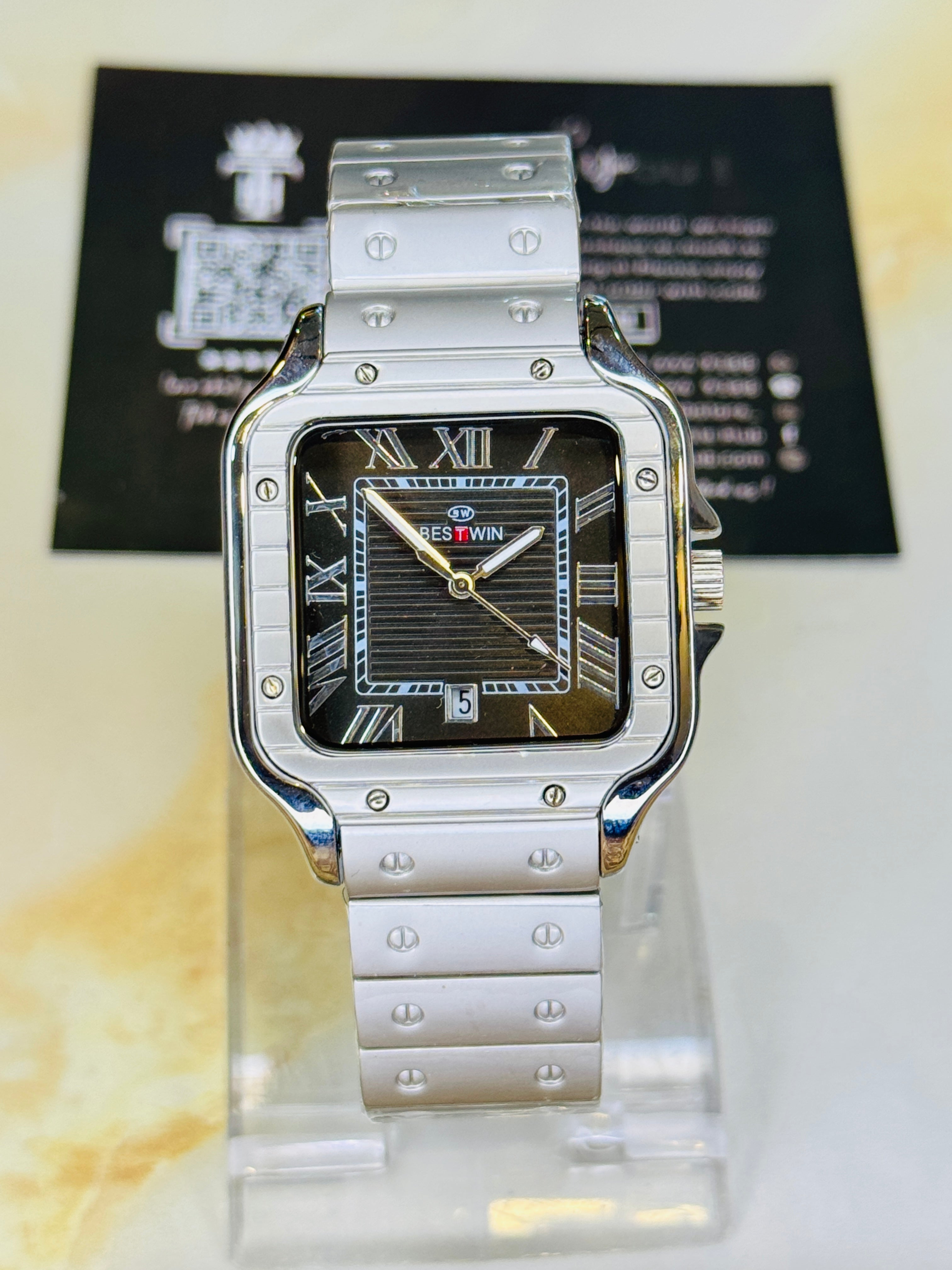 Matte Silver Santos Black Dial Watch