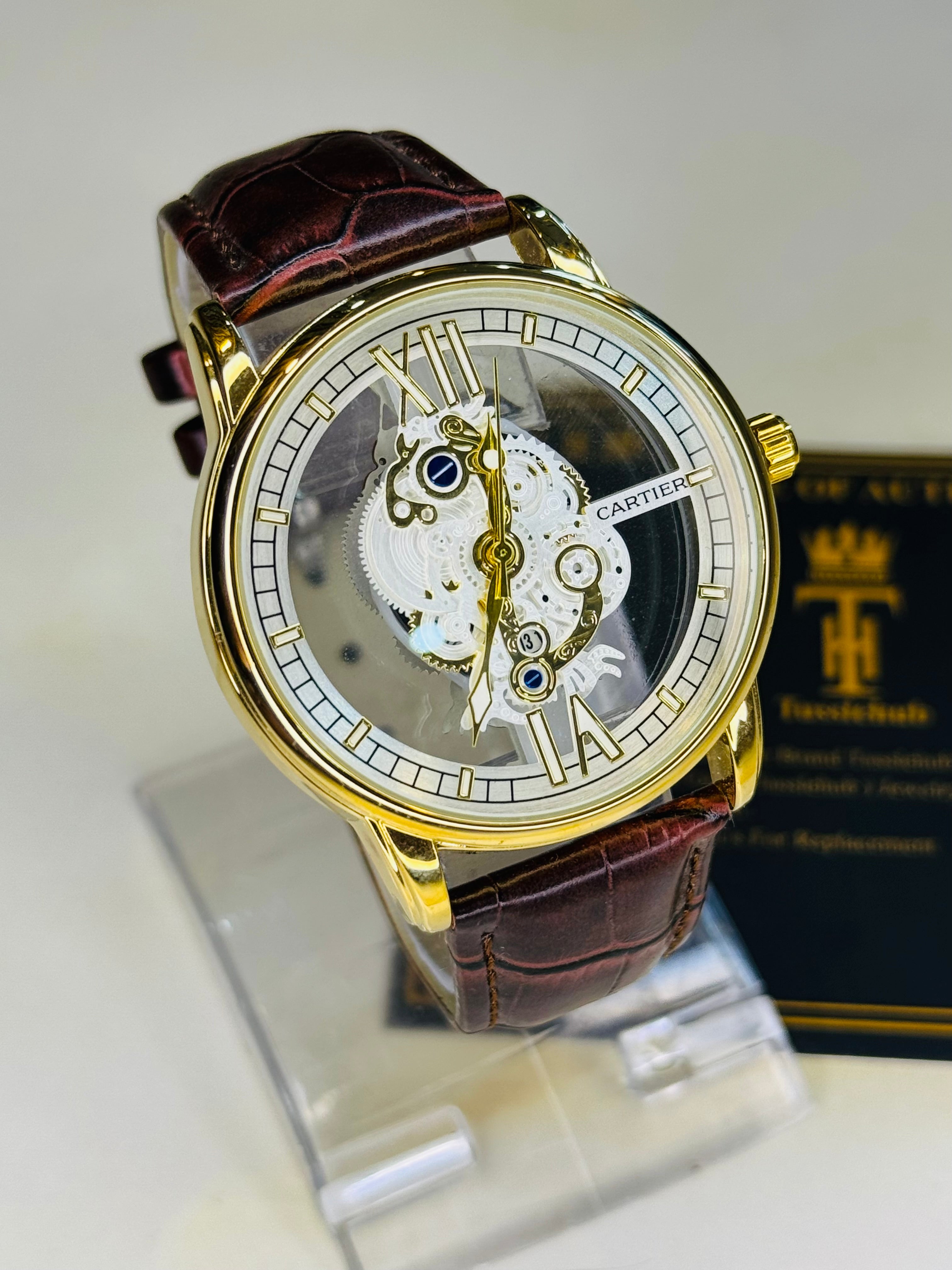 Brown Gold Skeleton Leather Cartier Watch