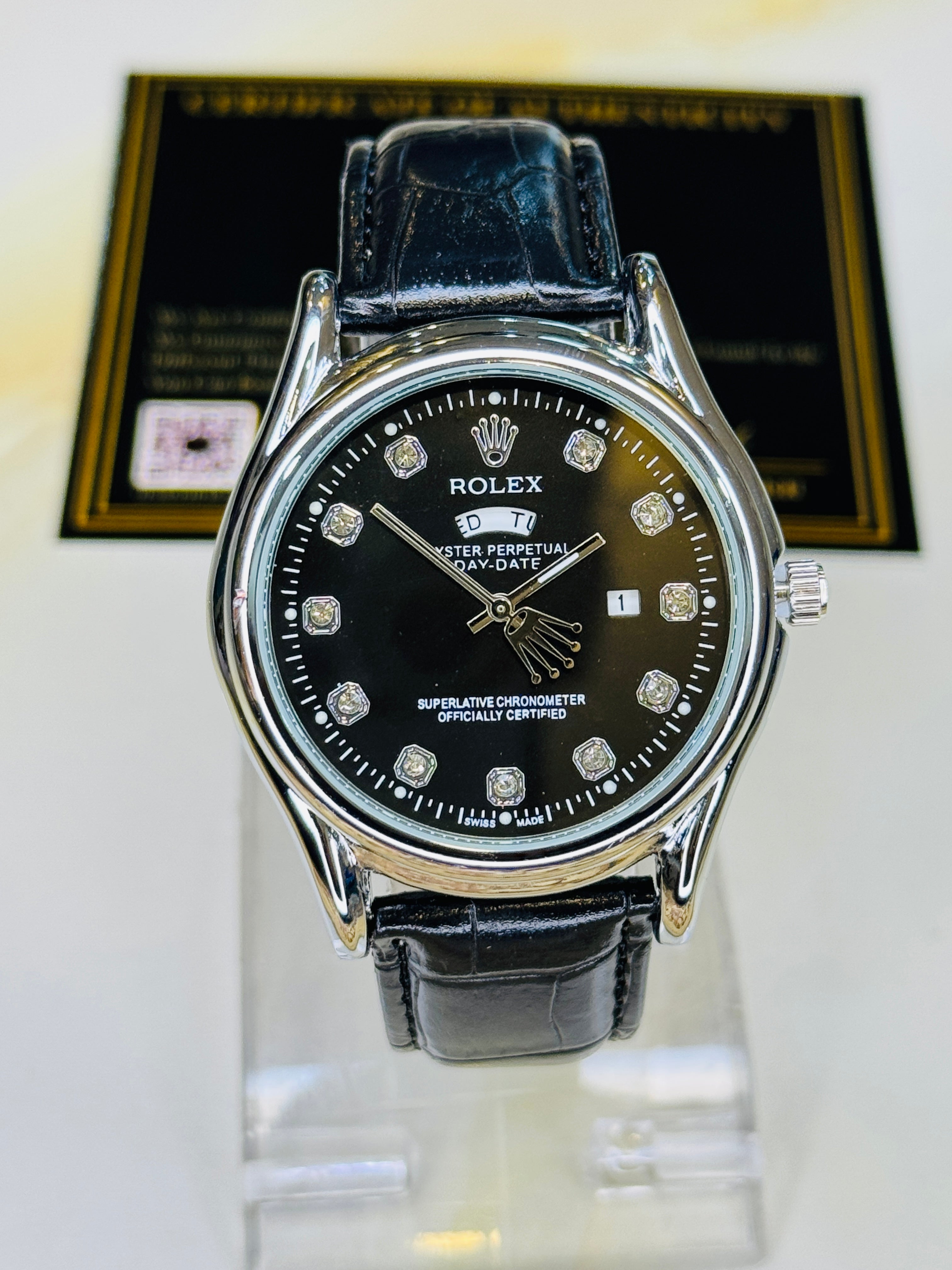 Black Silver Black Round Leather Rolex Watch