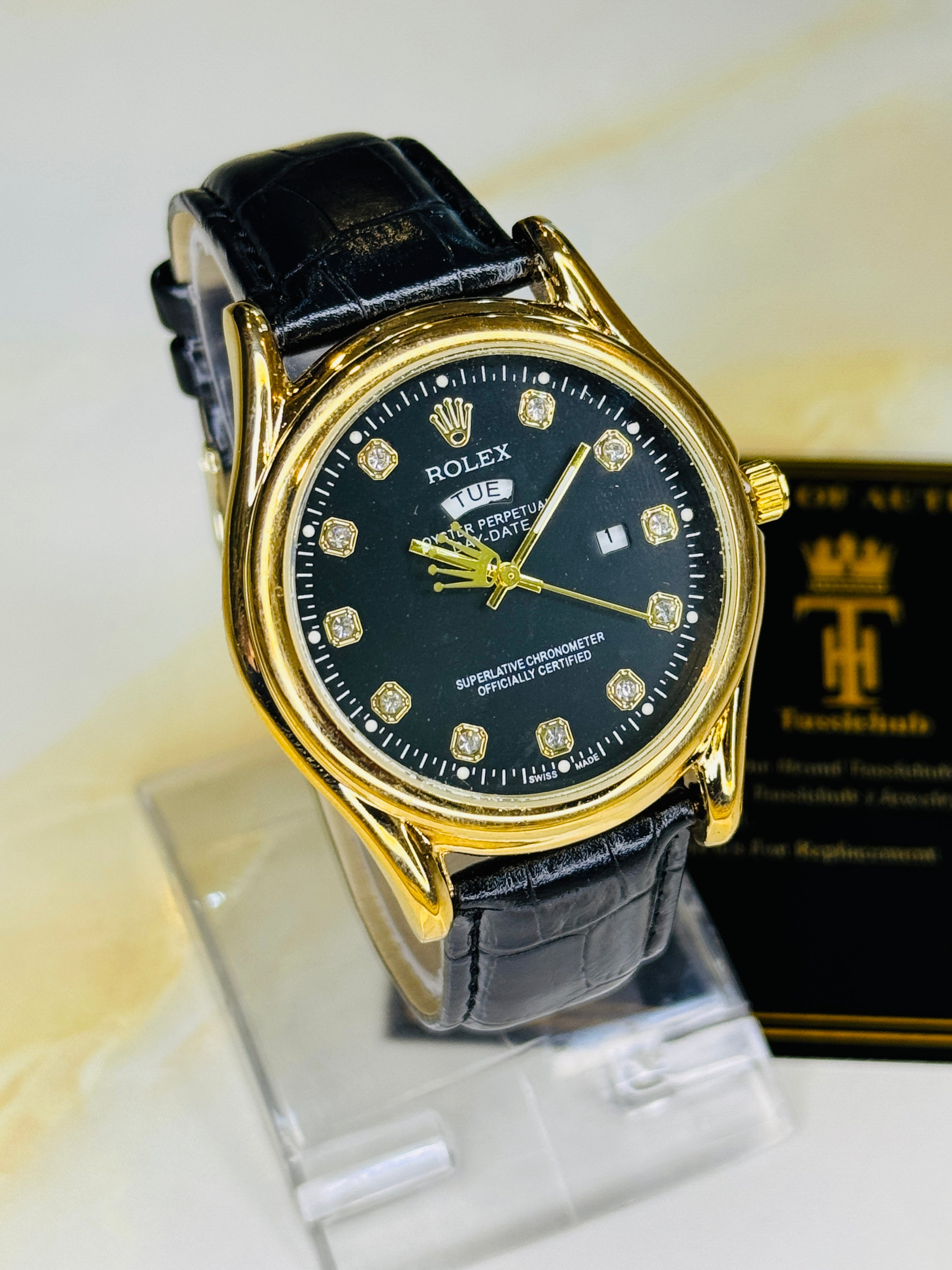 Black Gold Black Round Leather Rolex Watch