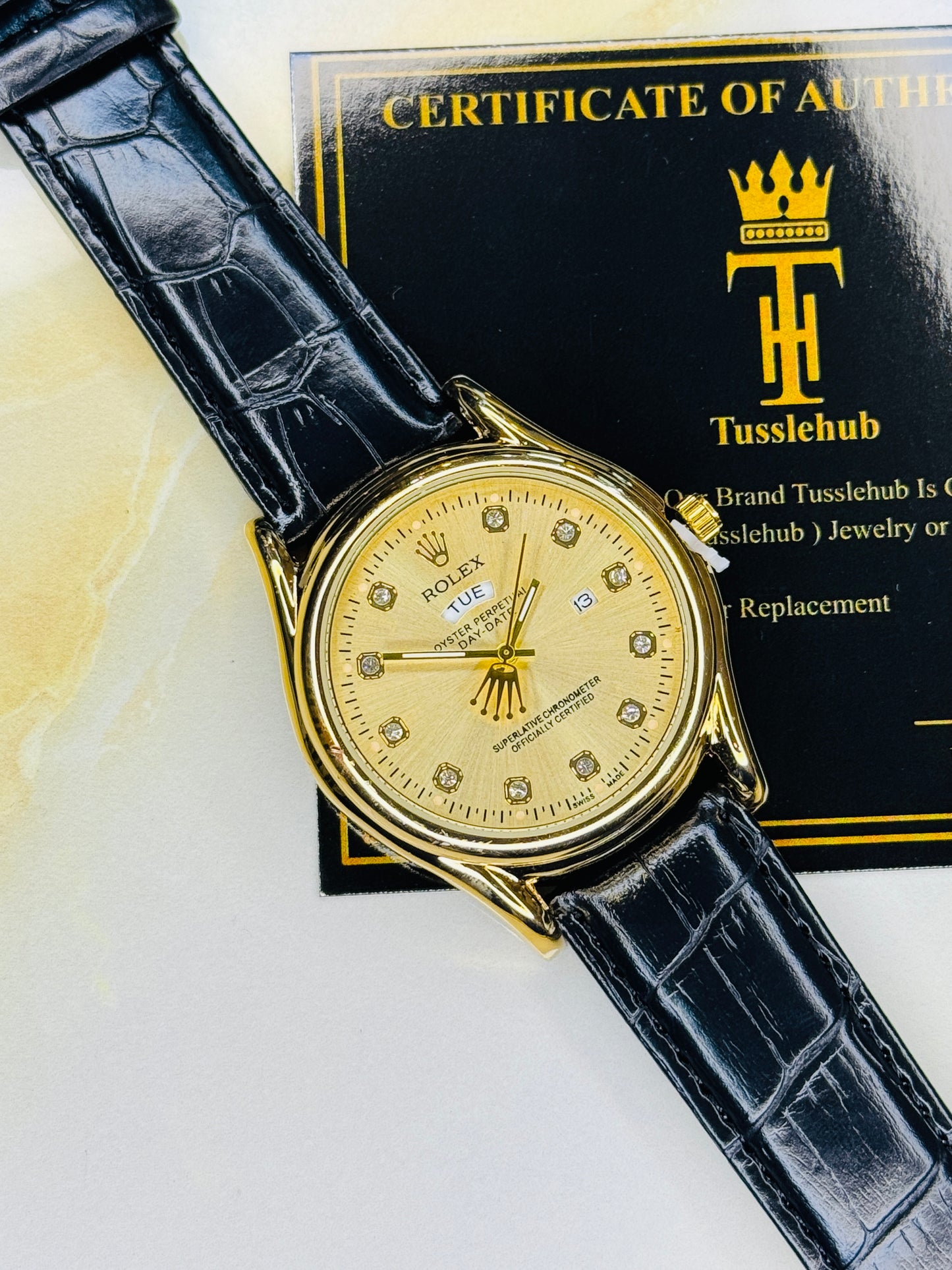 Black Gold Dial Round Leather Rolex Watch