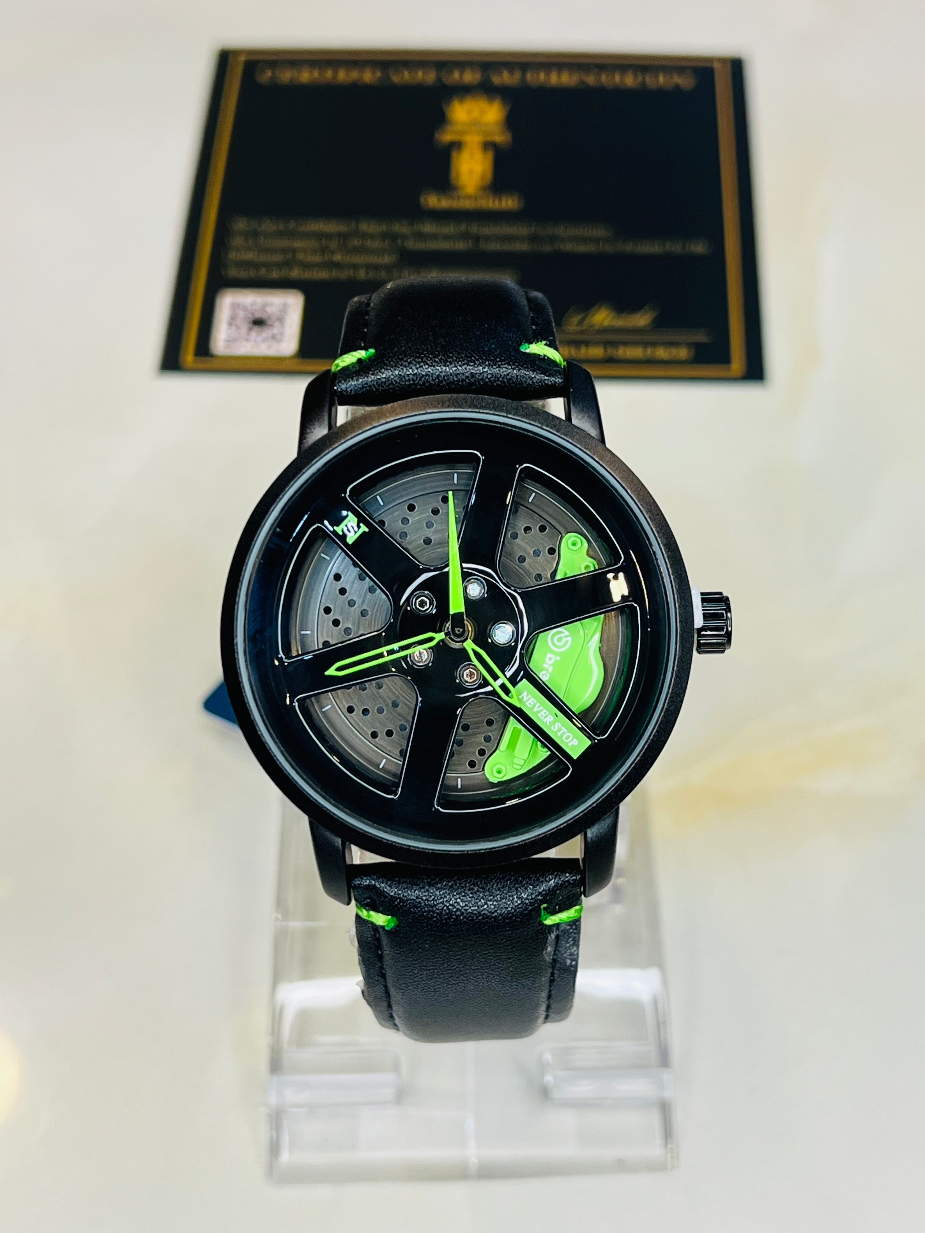 Black Neon Green Leather Strapped Spinner NS Watch