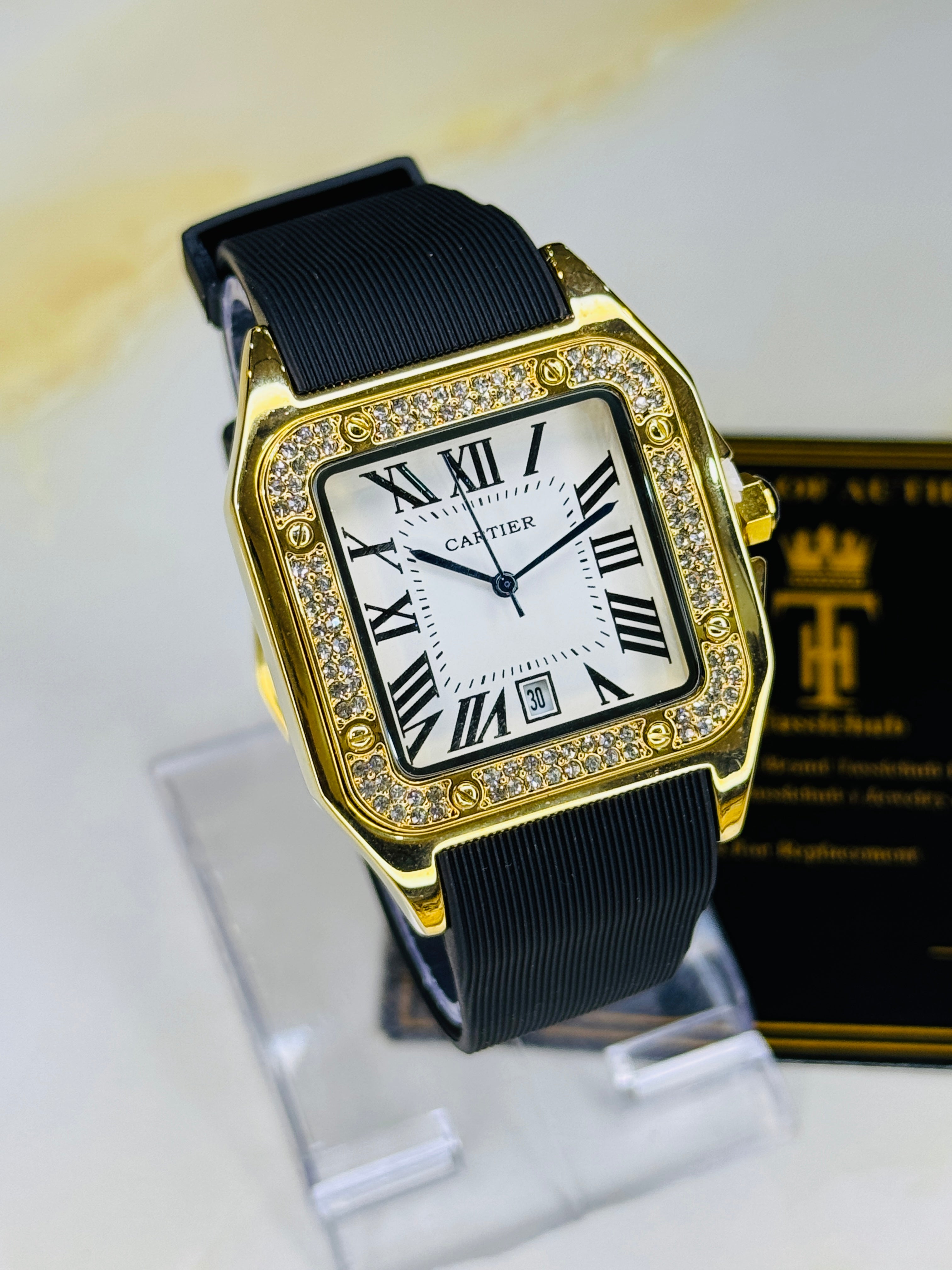 Gold White Iced Tank Silicon Cartier Watch