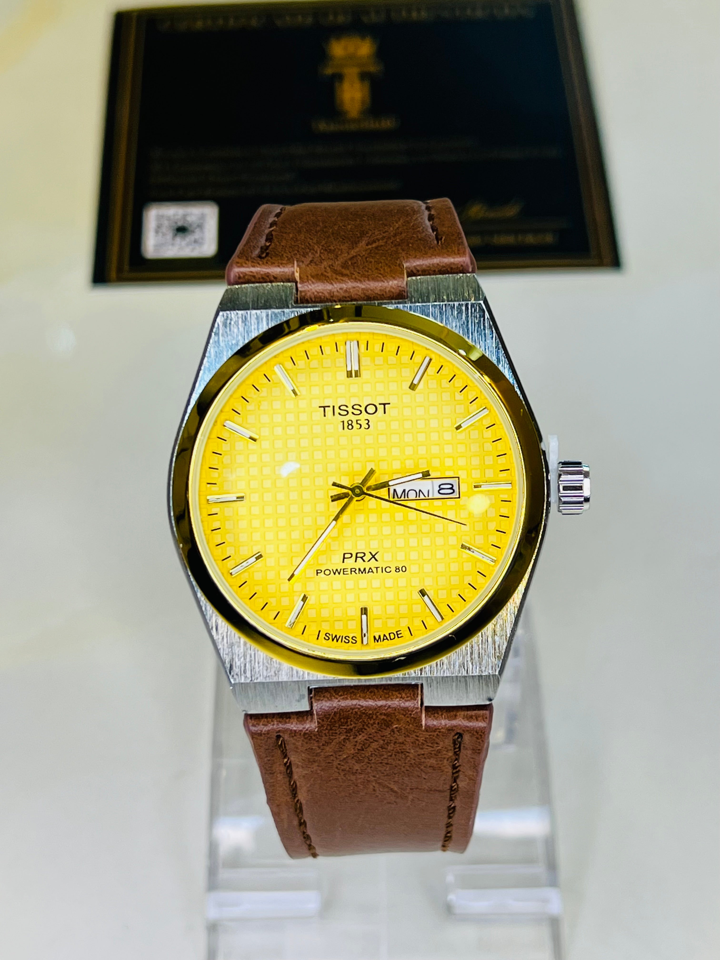 Brown Leather Strapped Tissot PRX Silver Gold Dial Watch