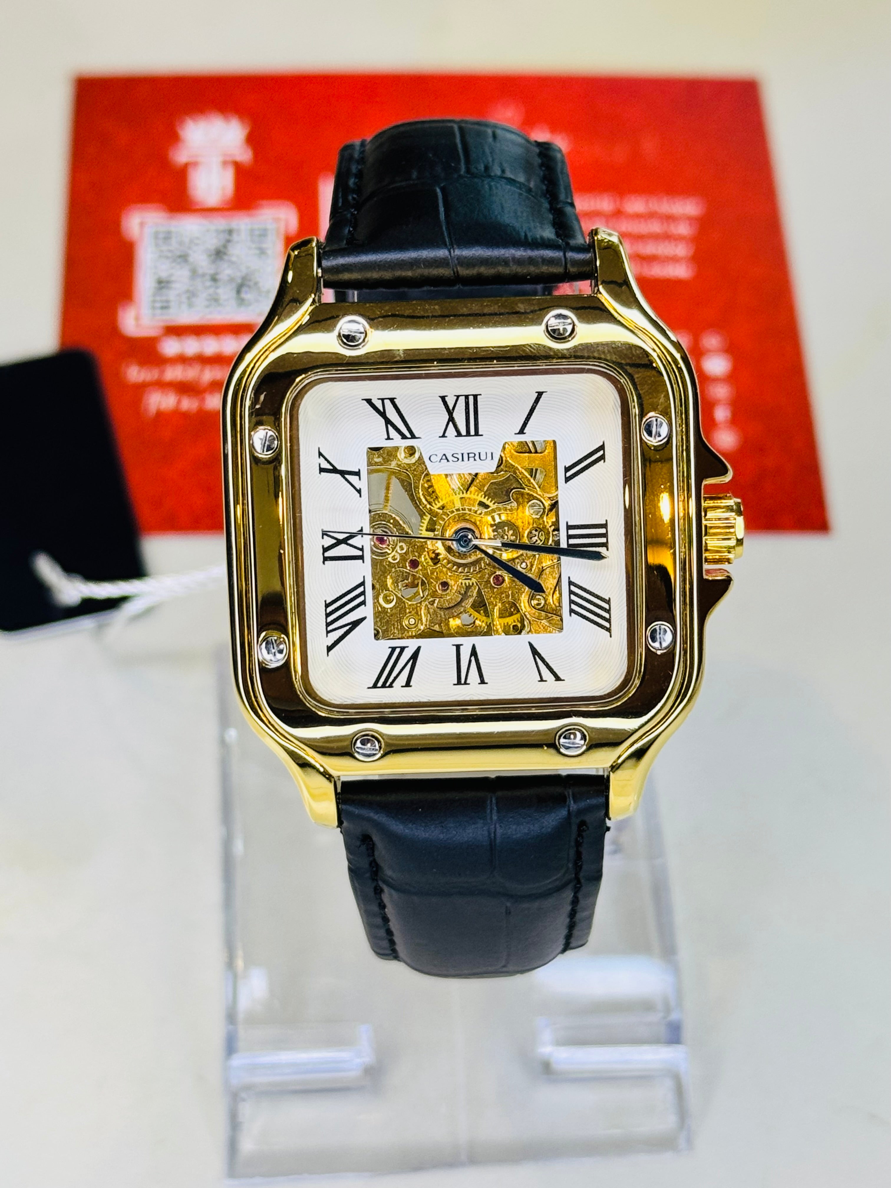 Black Gold White Tank Automatic Skeleton Watch