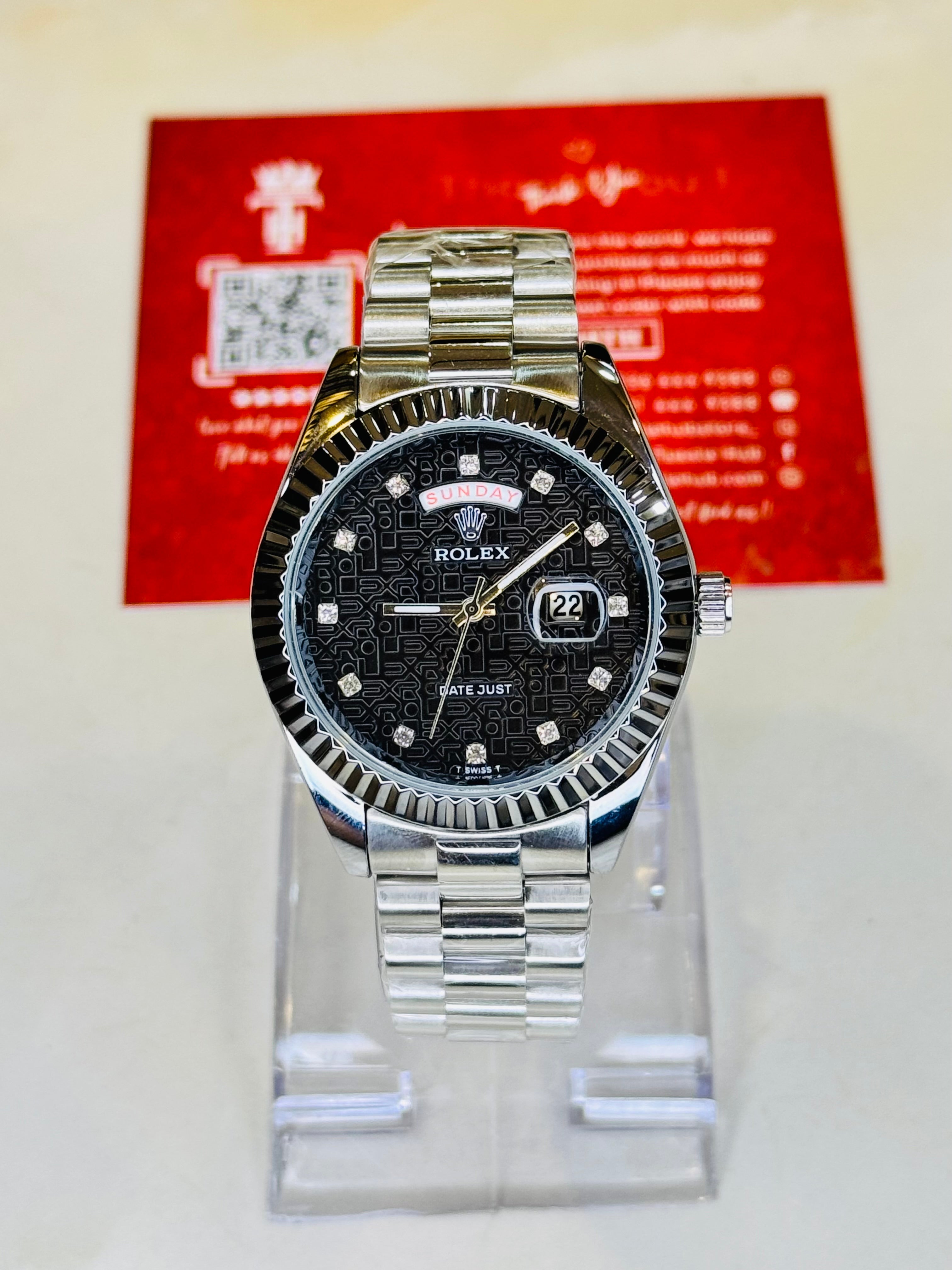 Premium Day Date Silver Black Dial Rolex Watch
