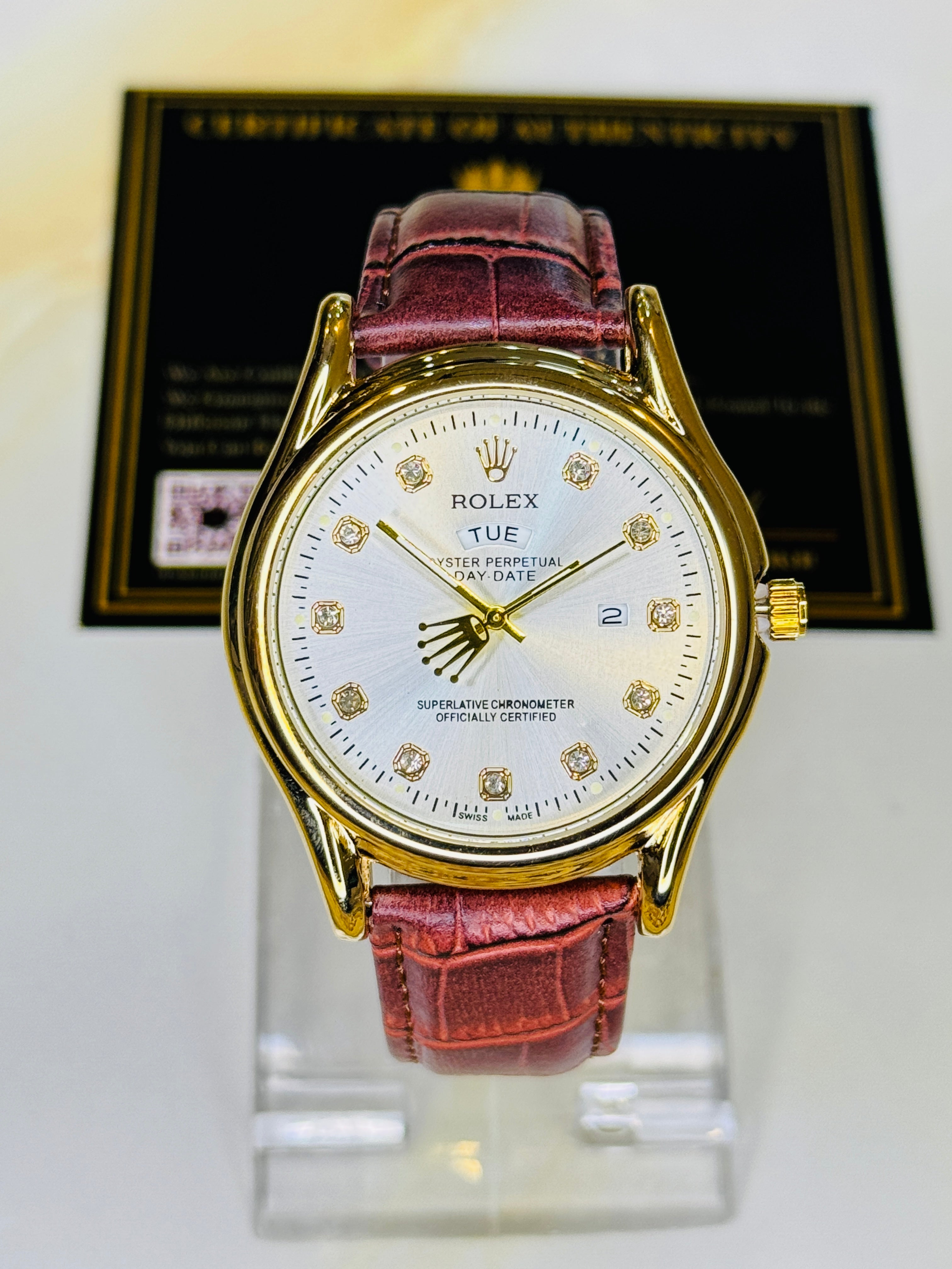 Brown Gold White Round Leather Rolex Watch