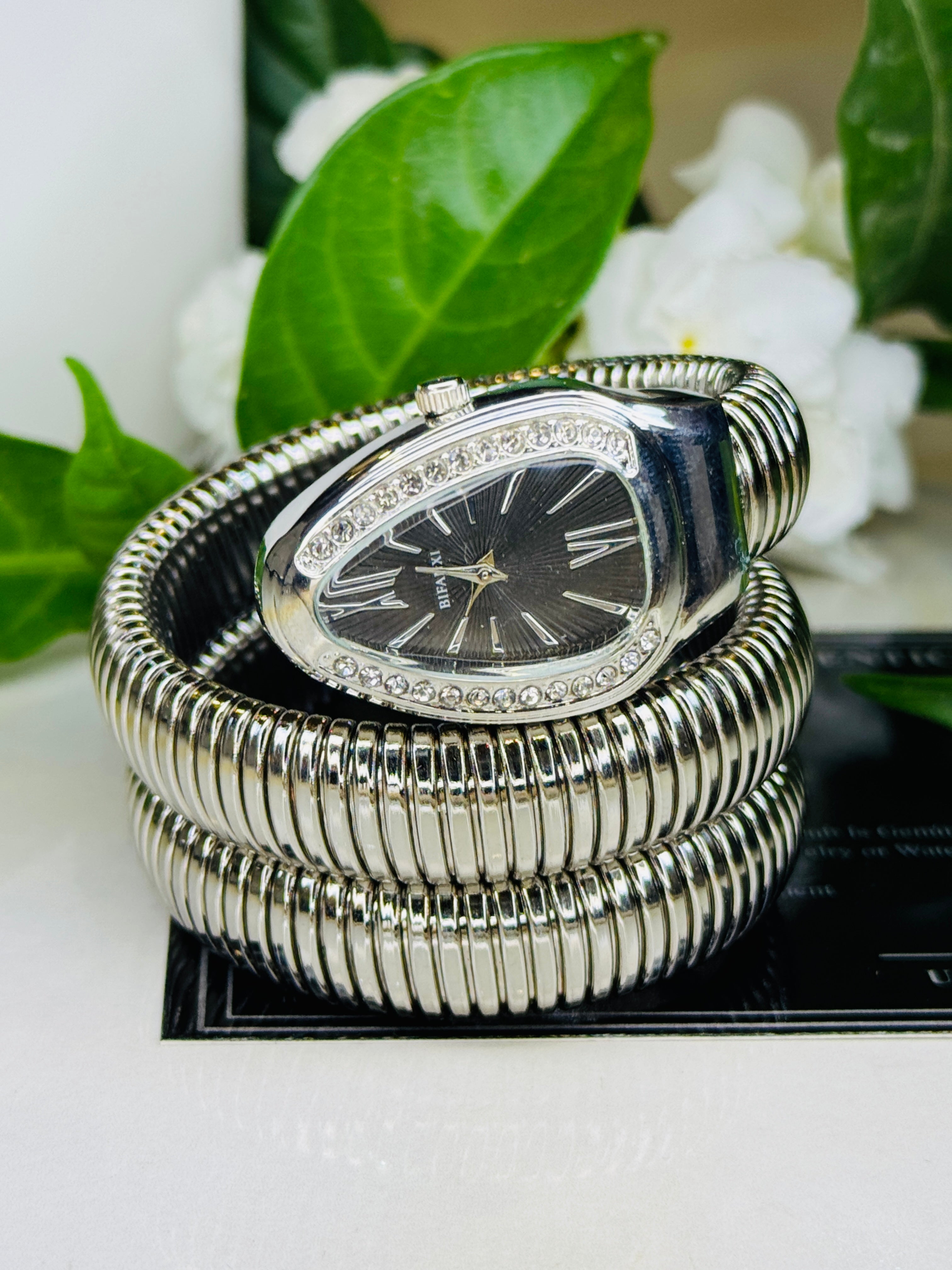 Silver Black Serpentine Watch For Her