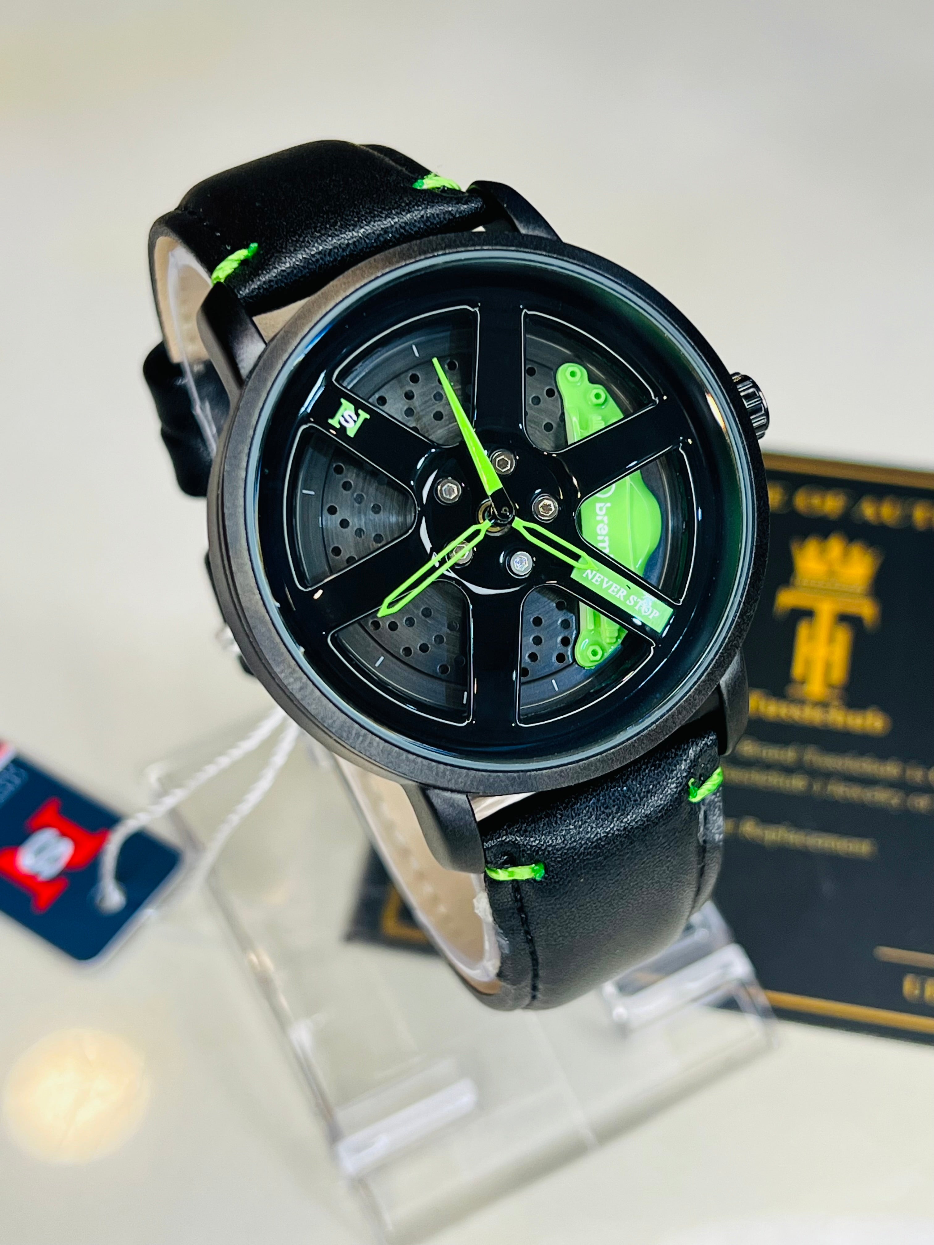 Black Neon Green Leather Strapped Spinner NS Watch