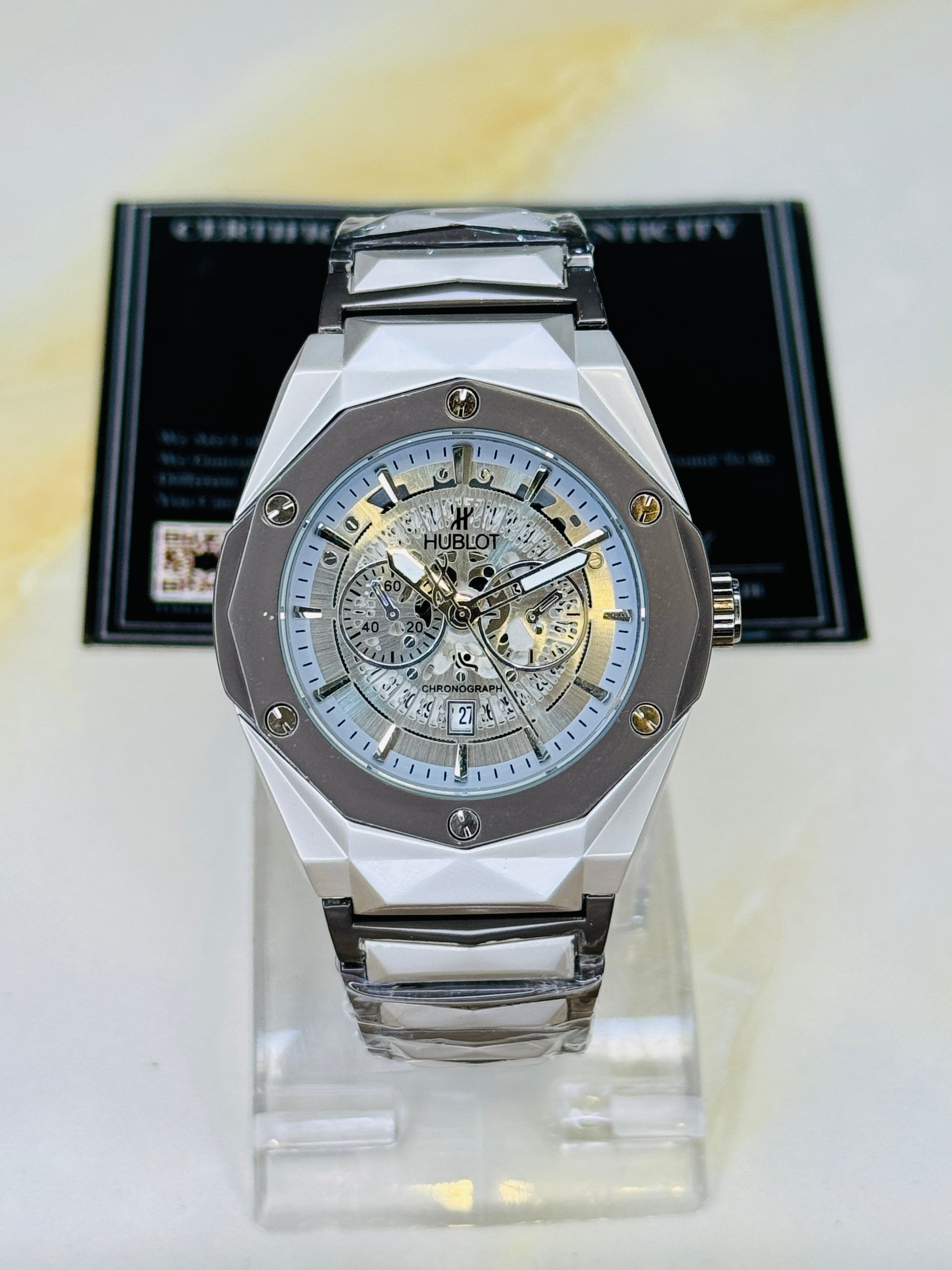 Two Tone Prism Chain Strapped Silver Hologram Dial Hublot Watch