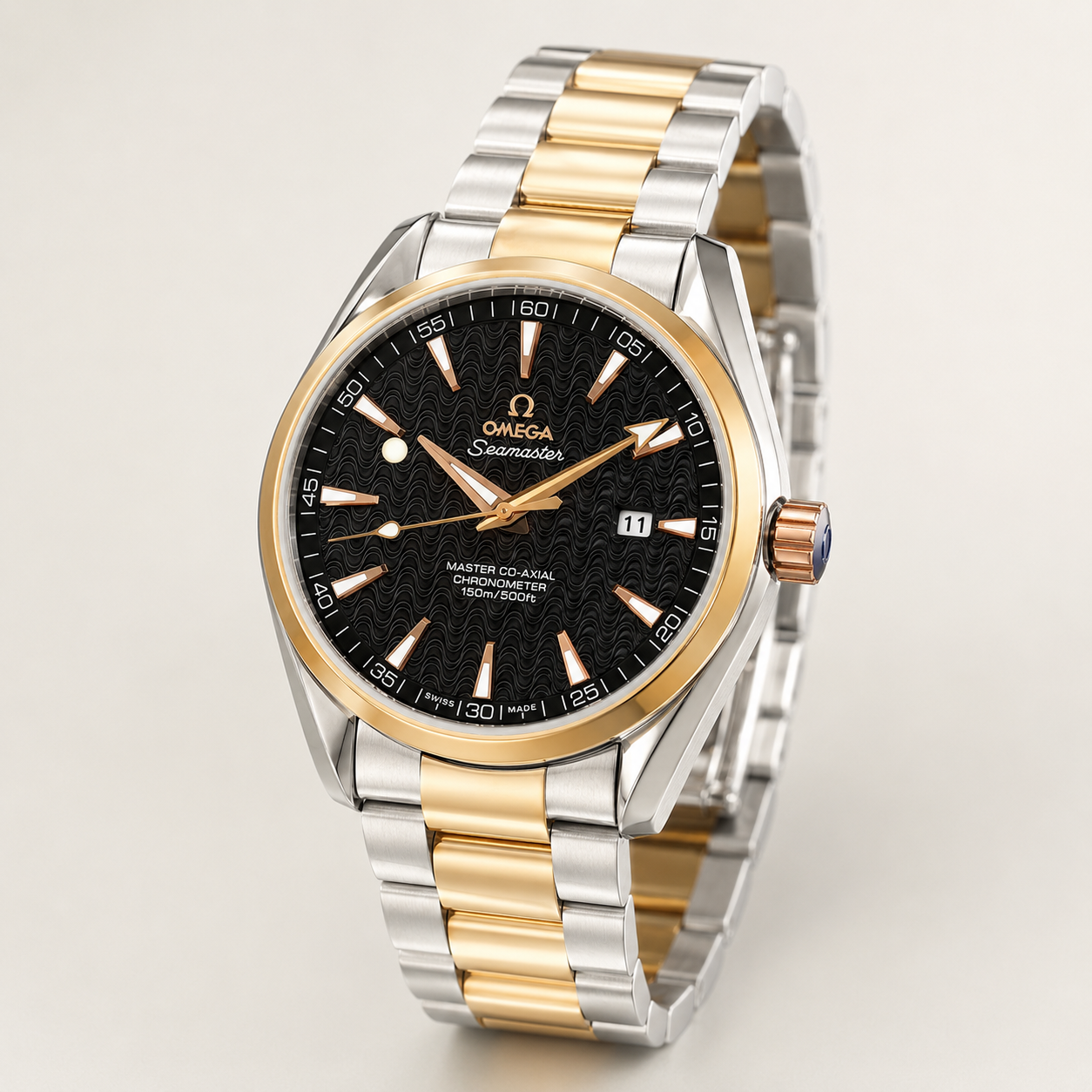 Automatic Sea Master Two Tone Black Dial Watch