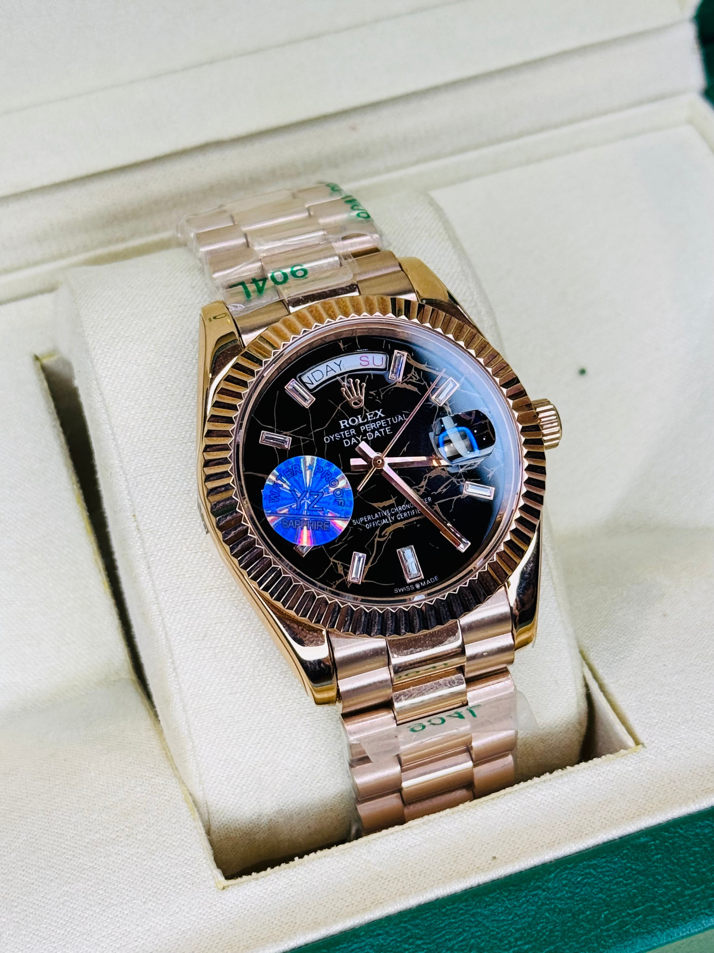 Day Date Rose Gold Black Marble Dial Automatic Super Clone Watch