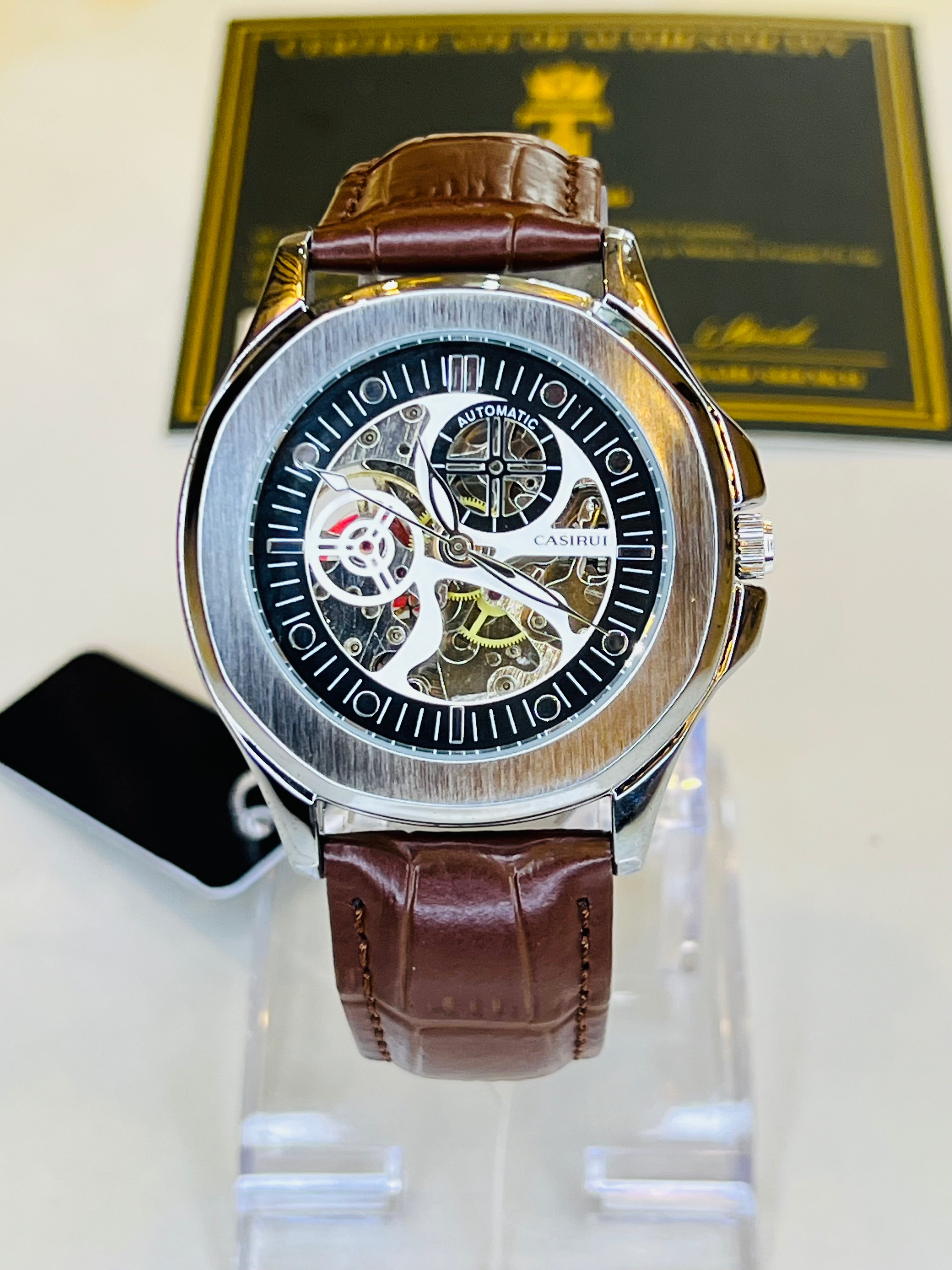 Casirui Brown Silver Automatic Skeleton Leather watch