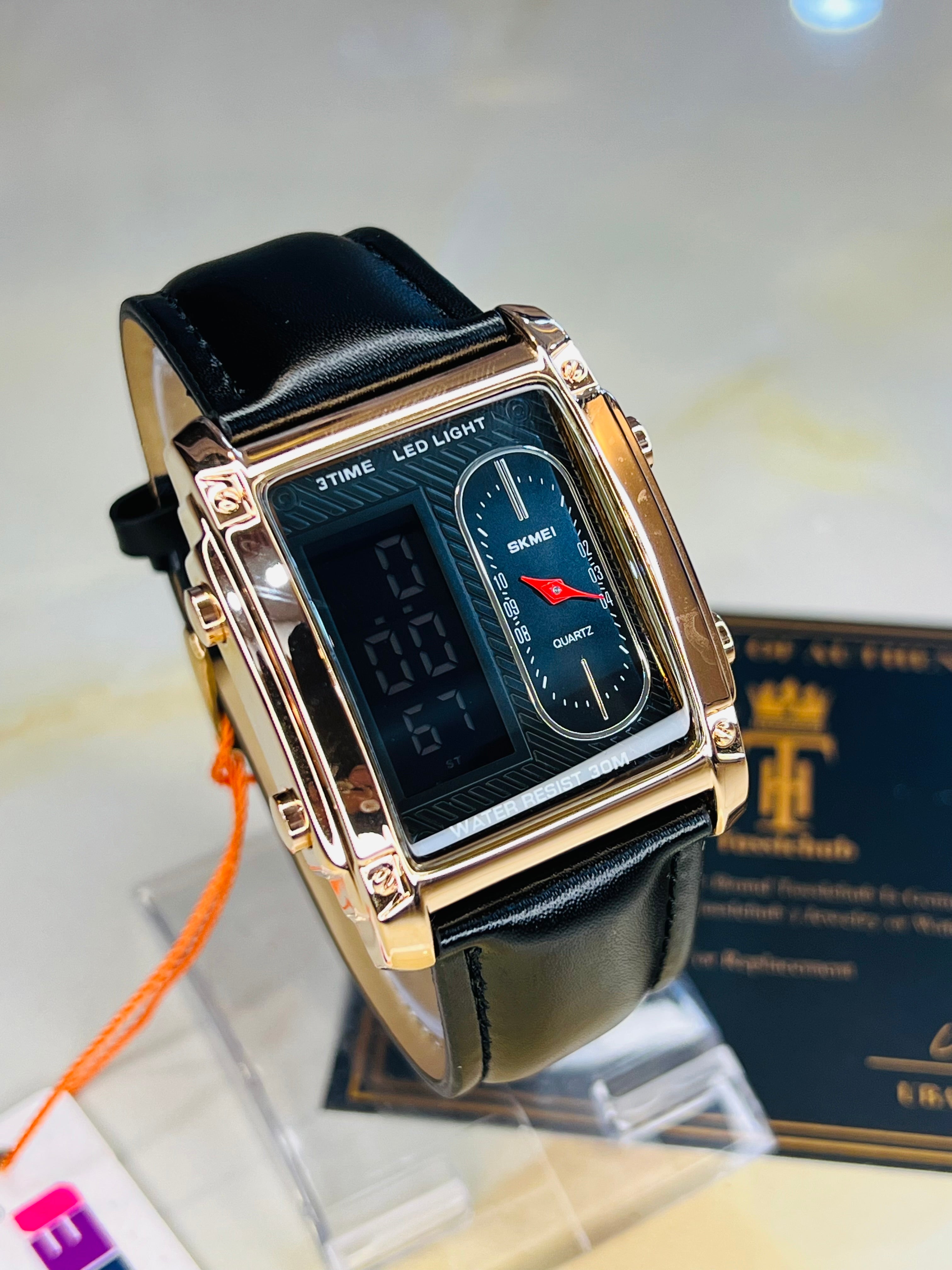 Leather Strapped Skmei 3 Time Rose Gold Watch