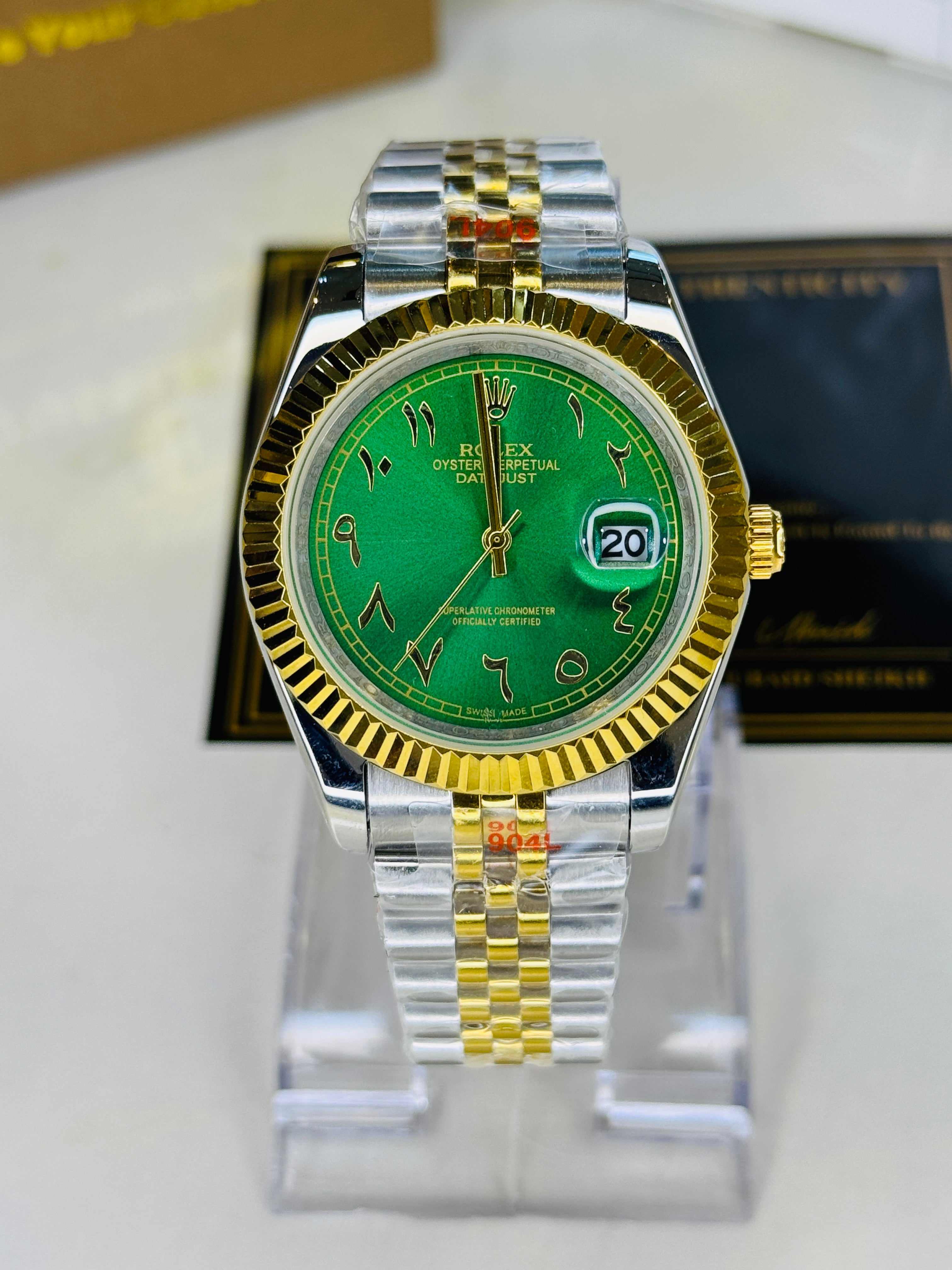 Jubilee Date Just Two Tone Arabic Fluted Green Dial Quartz Watch