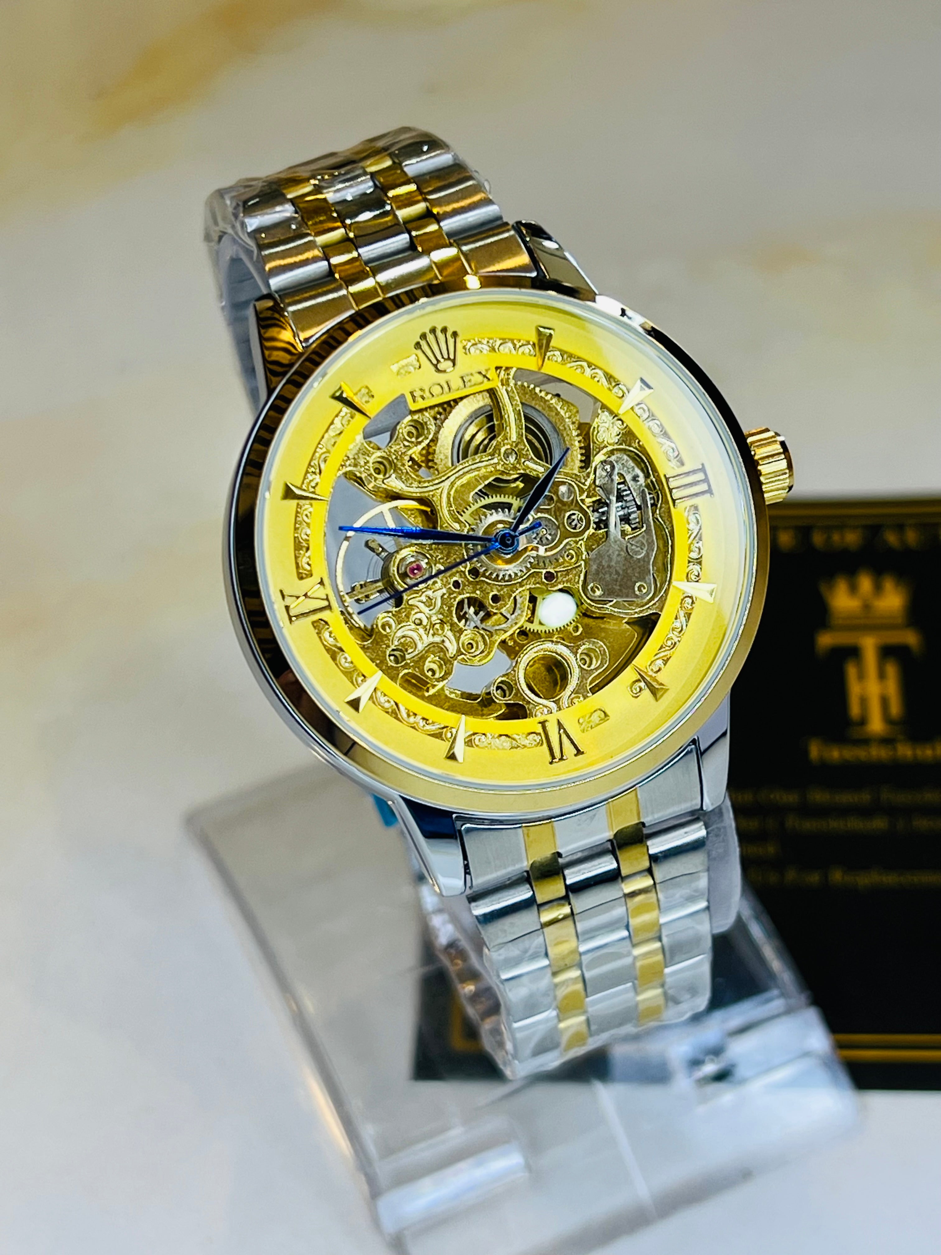 R-1 Two Tone Gold Chain Strap Skeleton Automatic Watch